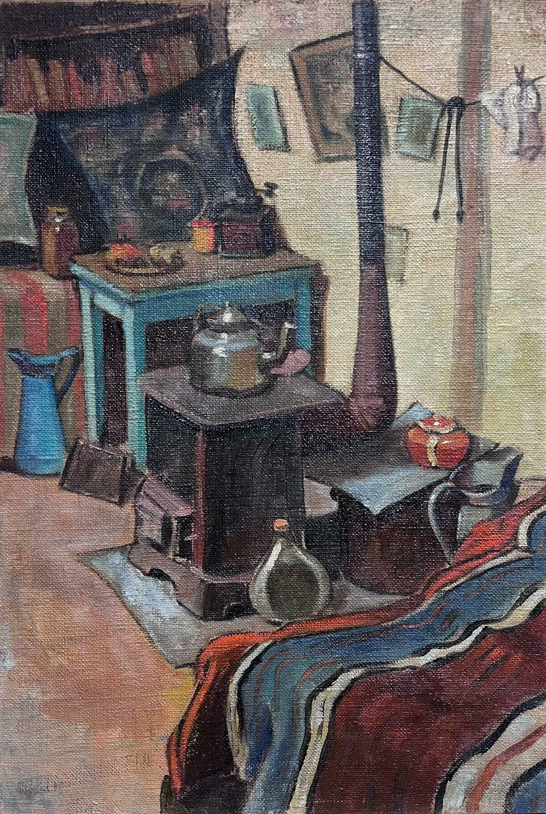 Mid 20th Century French Schoolfrench 1950's Interior Room Scene Woodburner Stove Attic Room Oil Painting