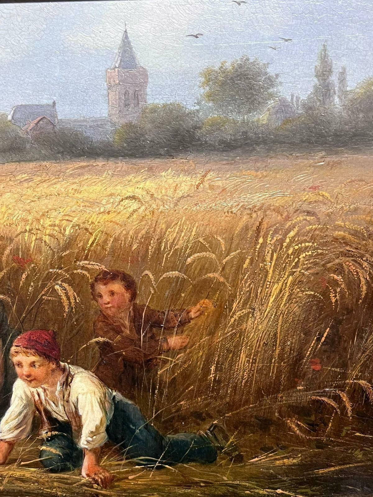 French 19th Centurytraditional 19th Century French Signed Oil Painting Children Playing In Harvest photo vinterior
