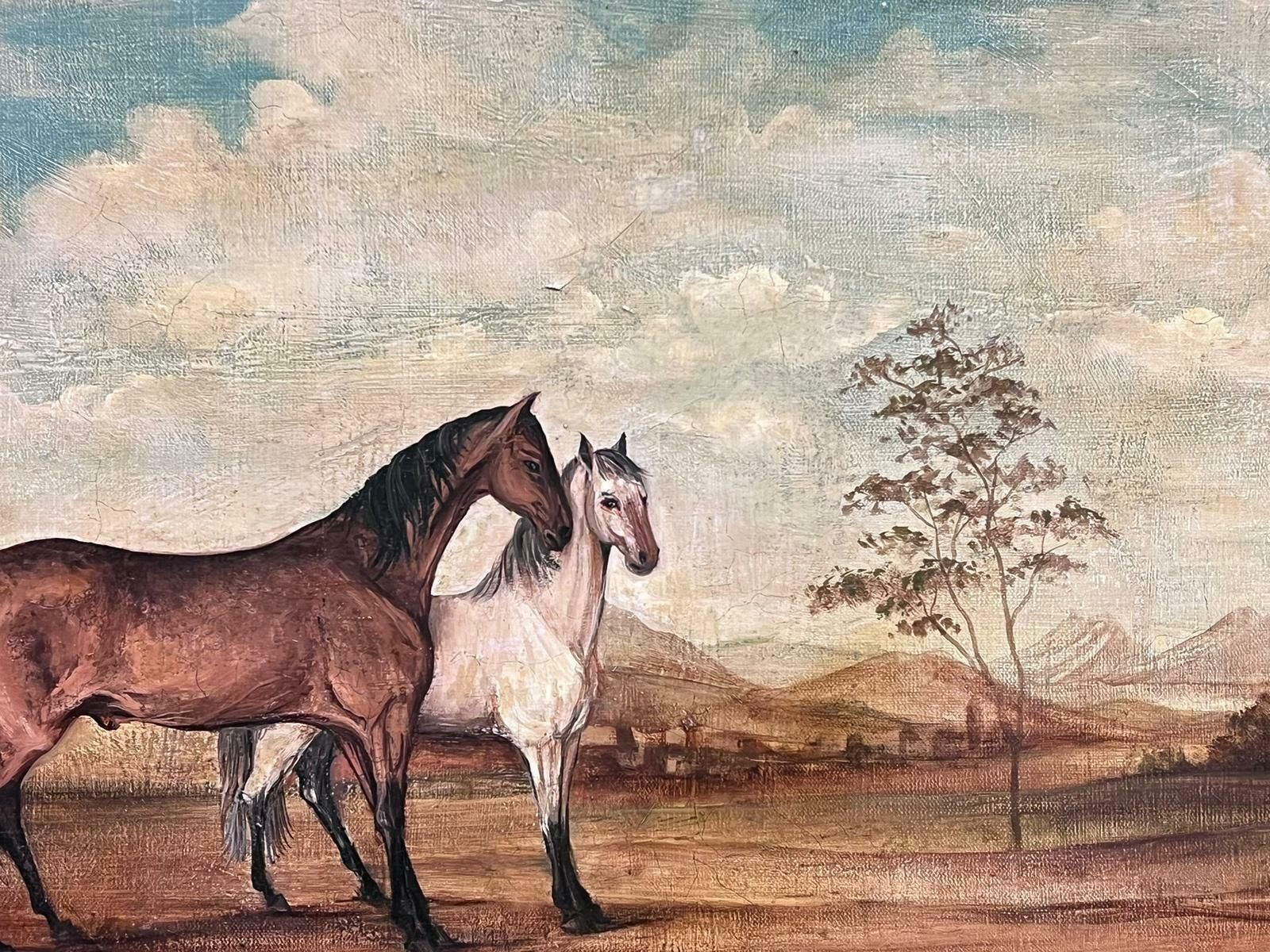 French Schoollarge French Oil Painting Two Horses In Landscape Grey And Chestnut Framed photo Art