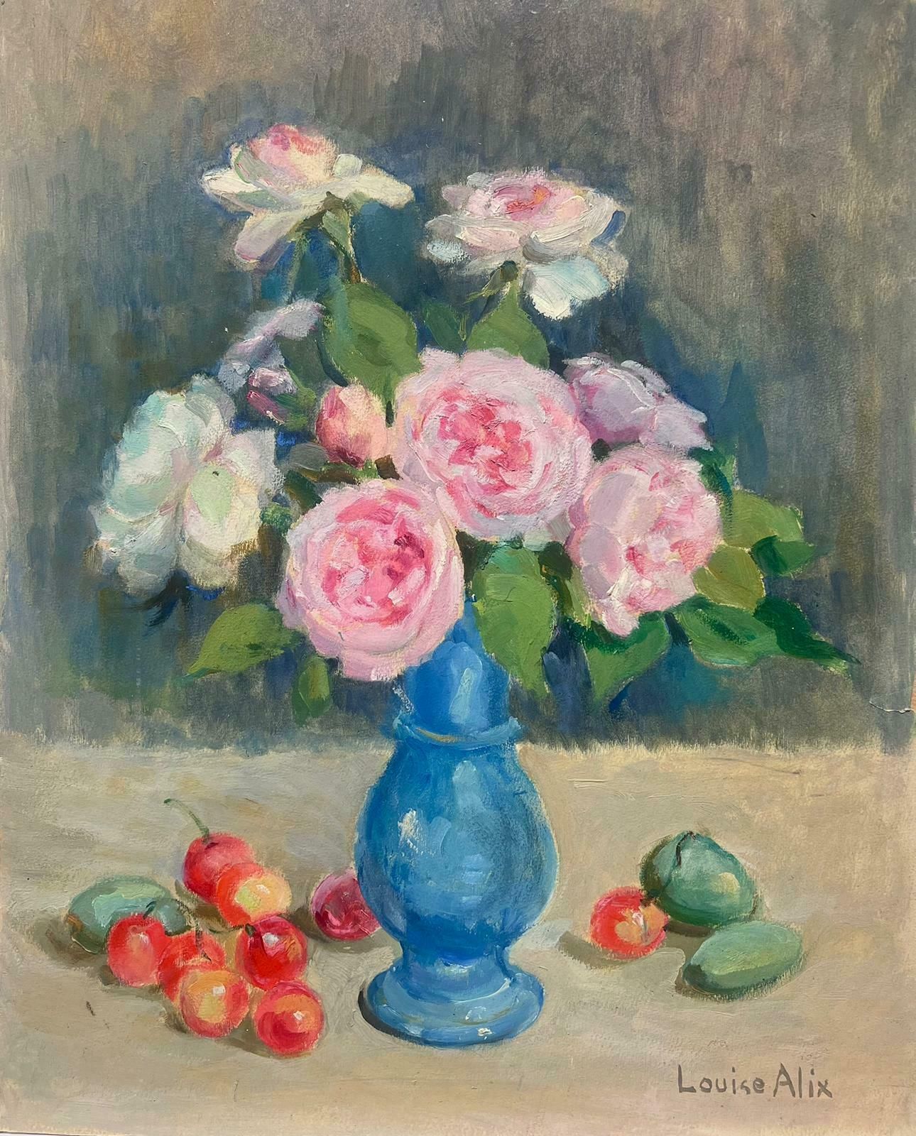 Louise Alixmid Century Stunning French Still Life Pink Roses In Blue Vase1940's