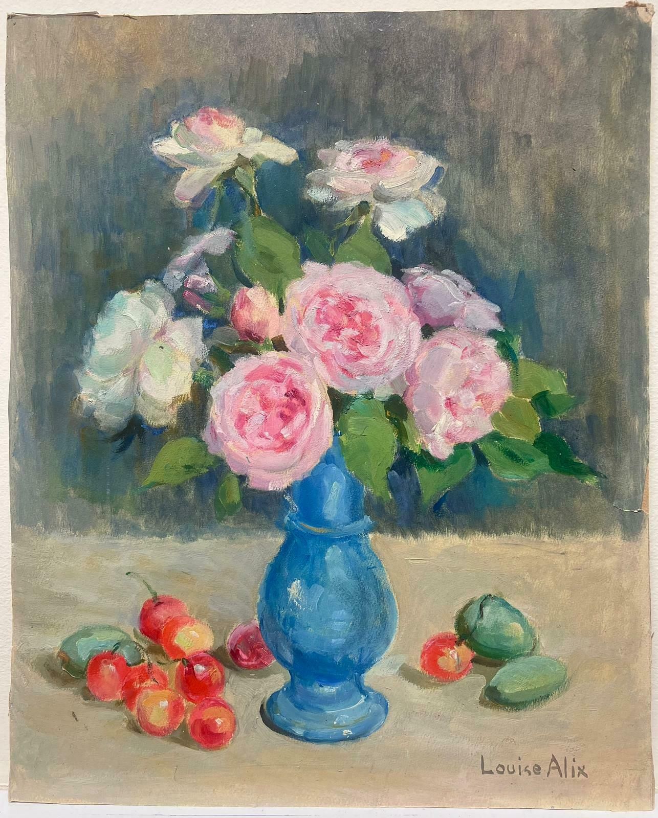 Louise Alixmid Century Stunning French Still Life Pink Roses In Blue Vase1940's photo furniture