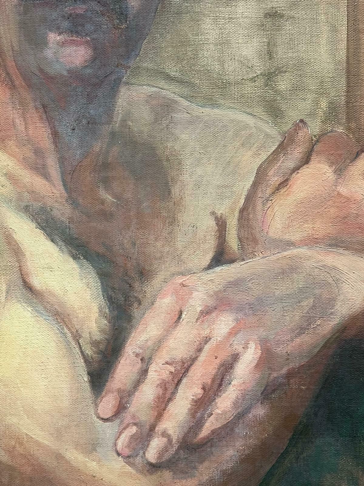 Louise Alixmid 20th Century French Nude Man Folding His Arms Posing For Portrait, Oil Paint1940's photo for sale