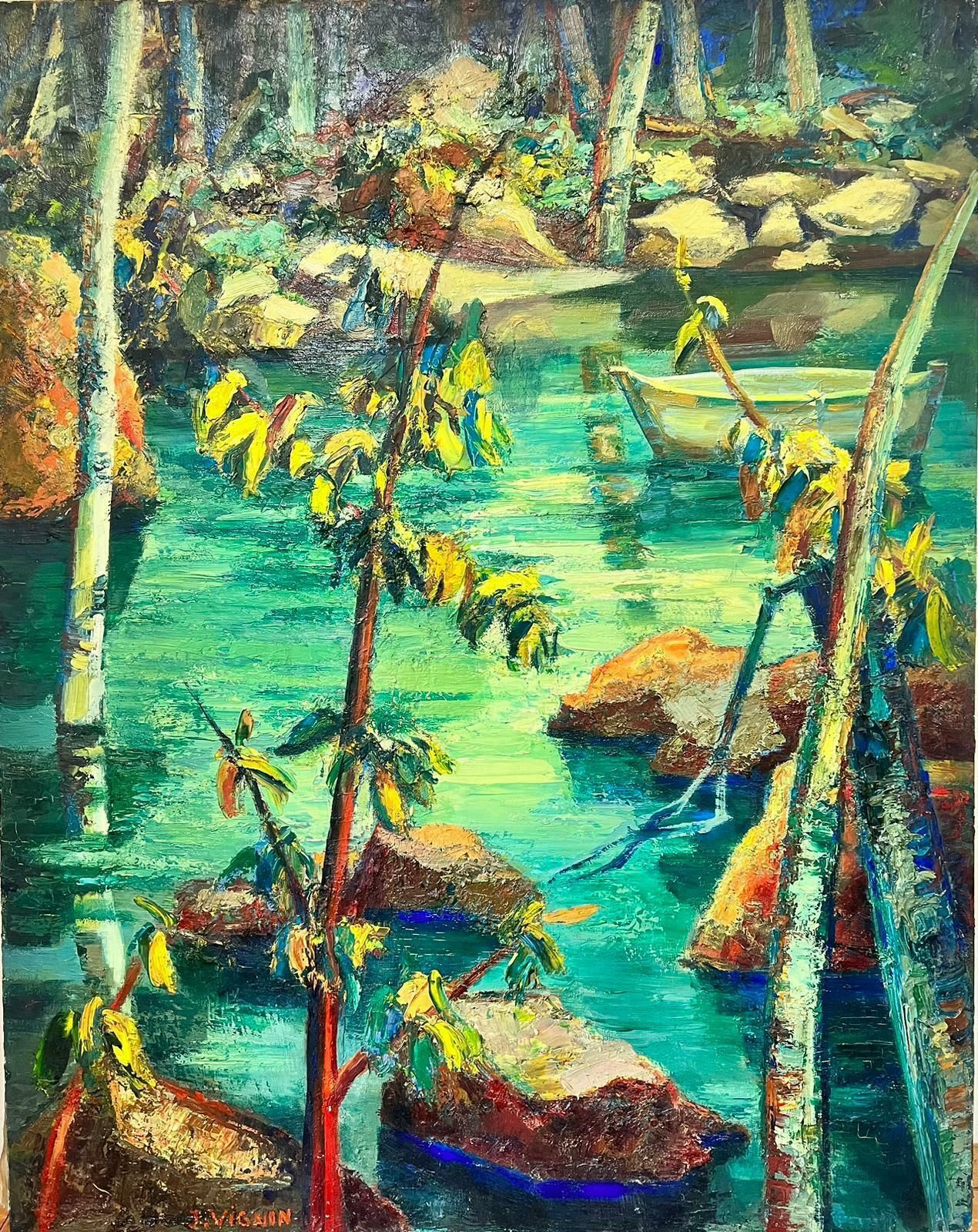 Josine Vignonsigned French Post Impressionist Oil Mid Century Jungle Pond With Boat1960's