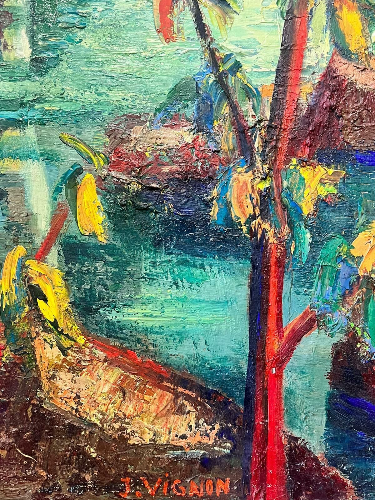 Josine Vignonsigned French Post Impressionist Oil Mid Century Jungle Pond With Boat1960's photo furniture