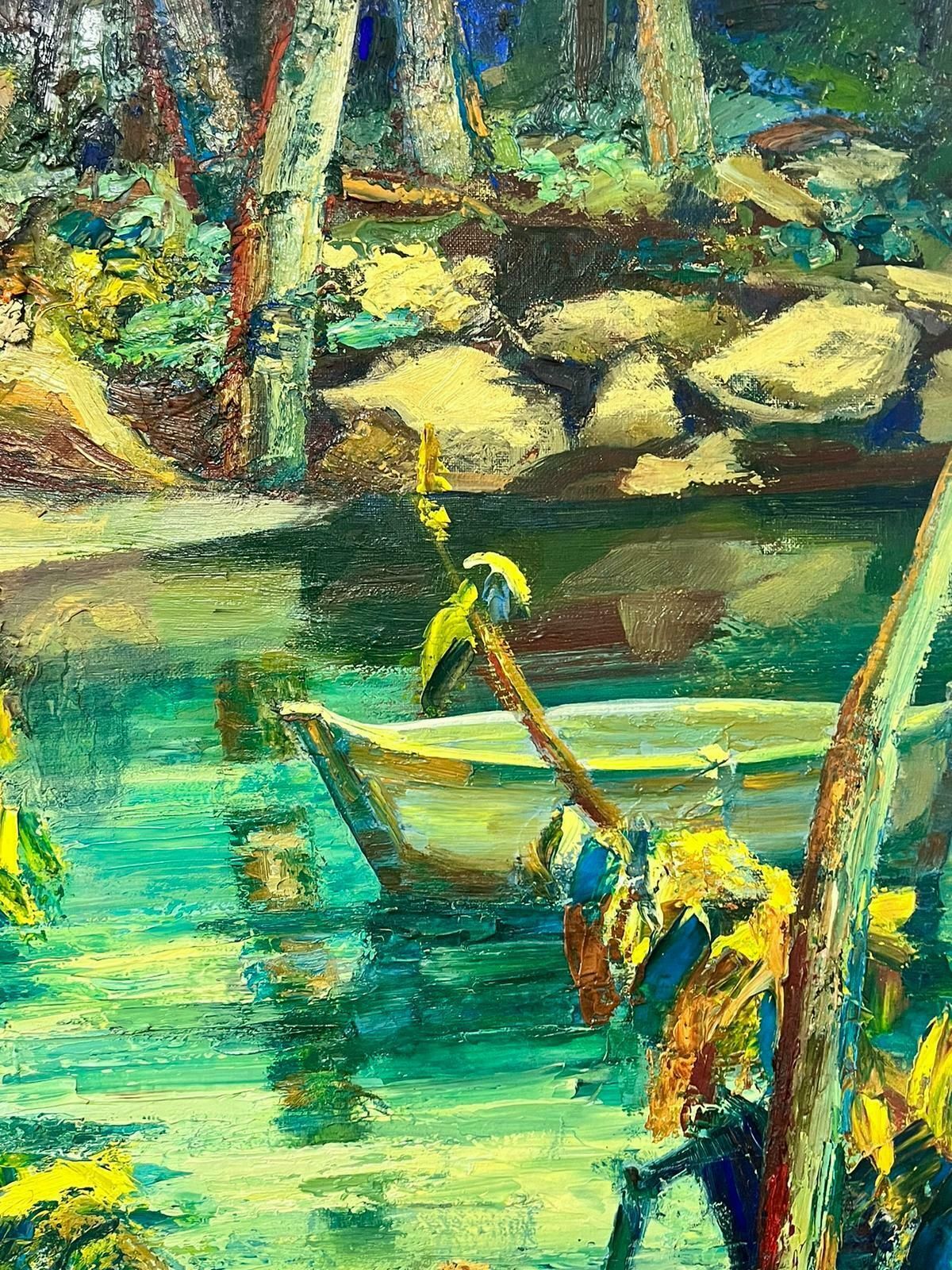 Josine Vignonsigned French Post Impressionist Oil Mid Century Jungle Pond With Boat1960's photo vinterior