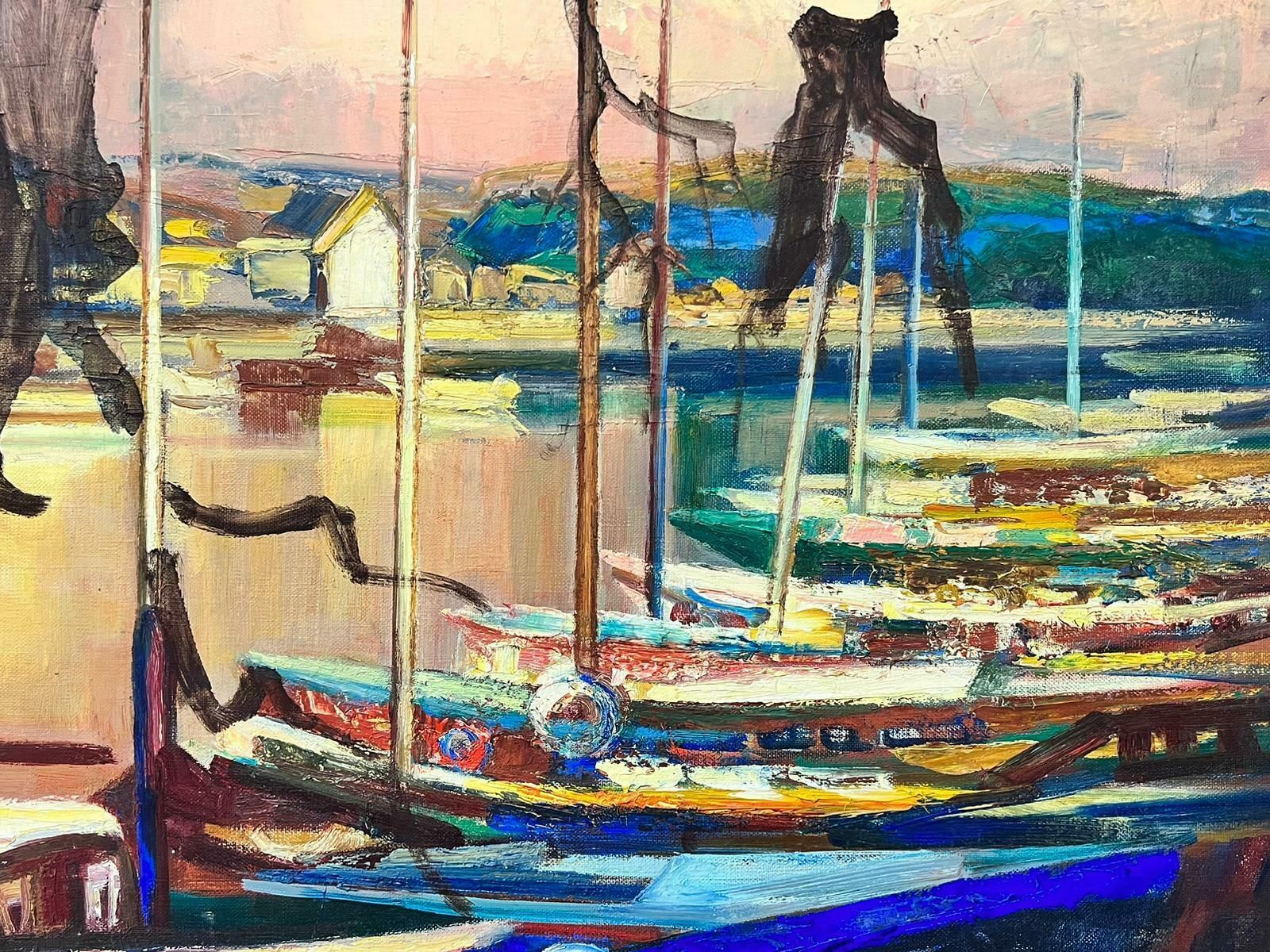 Josine Vignonsunset Over Blue Boats In Harbor Very Large 1970’s French Signed Oil On Canvas1970’s photo Art