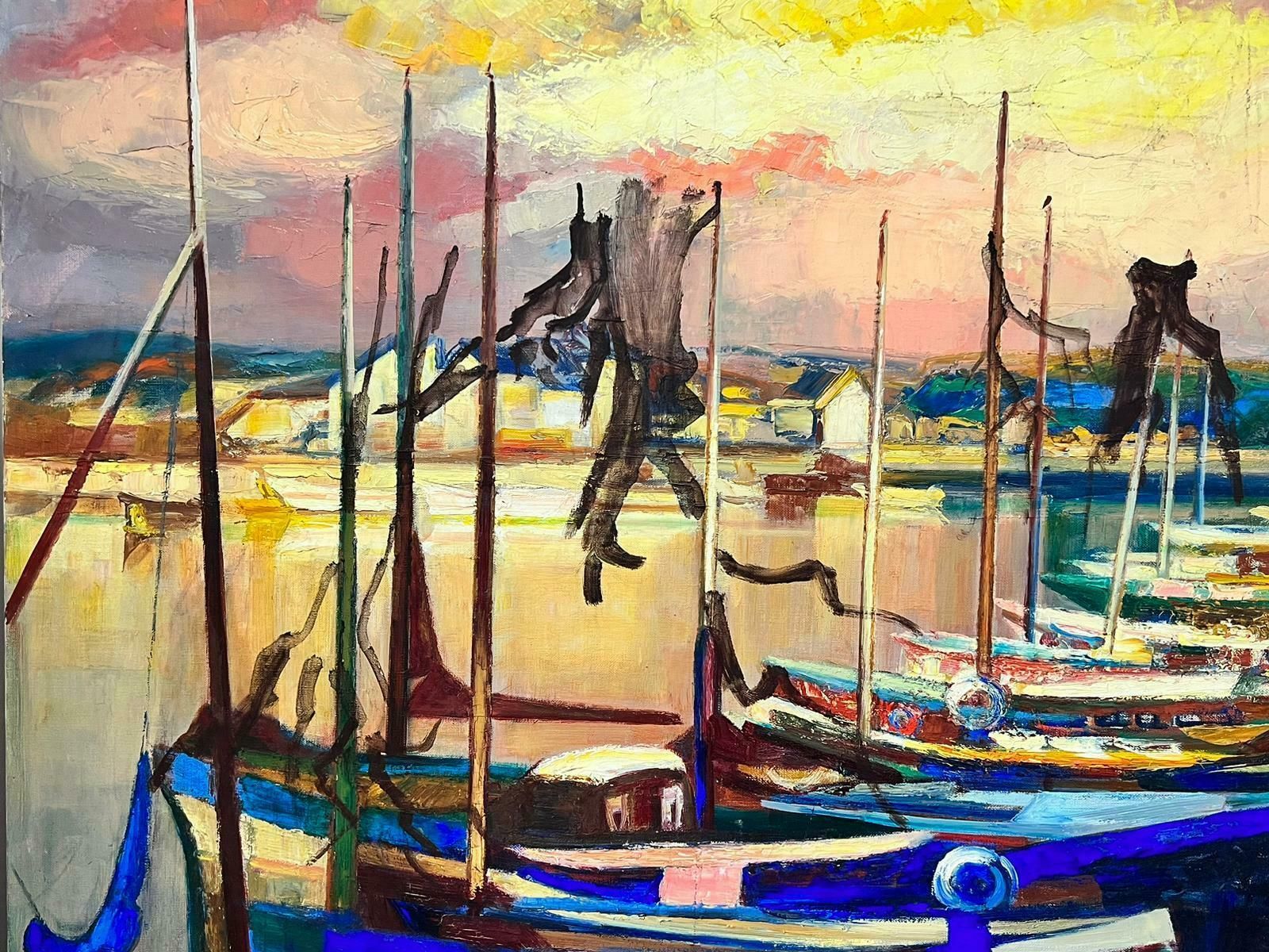 Josine Vignonsunset Over Blue Boats In Harbor Very Large 1970’s French Signed Oil On Canvas1970’s photo vinterior