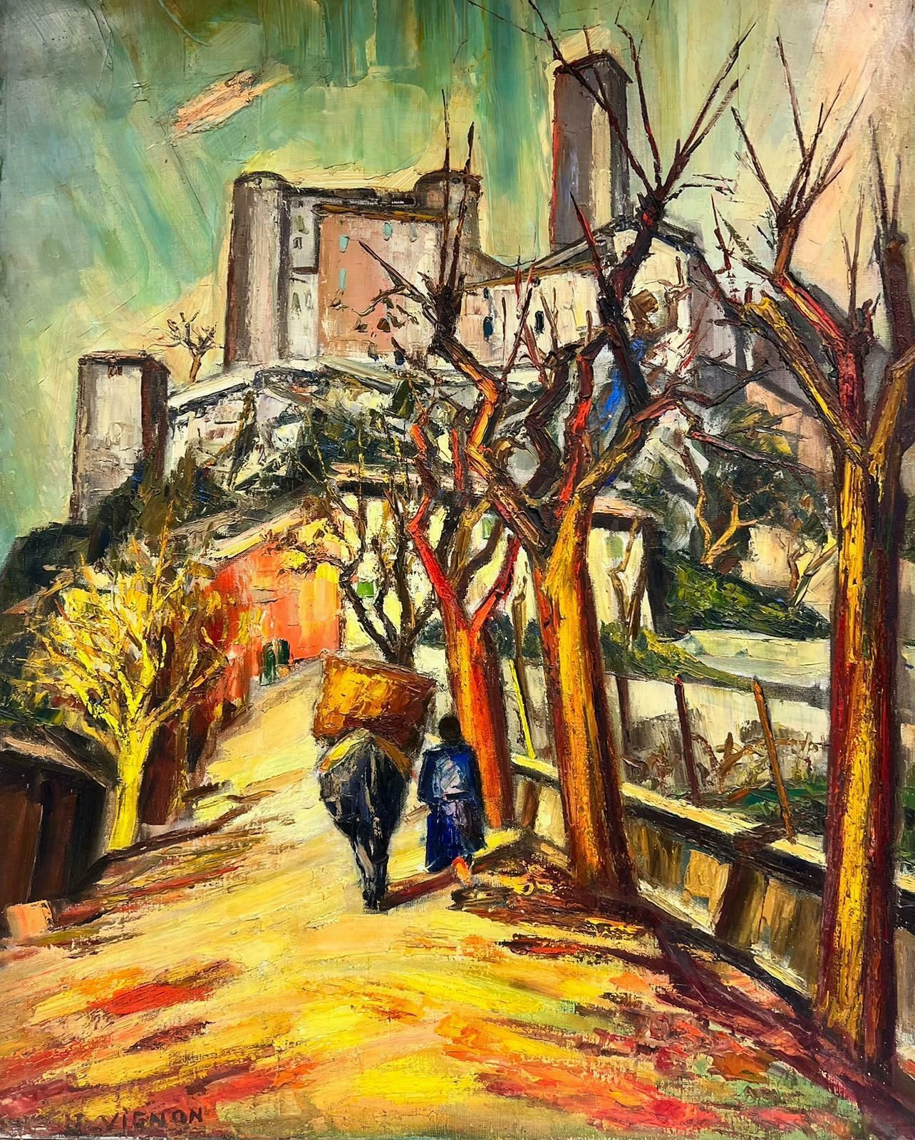 Josine Vignon1960’s French Oil Provençal Village Figure Walking With Donkey Post Impressionis1960's