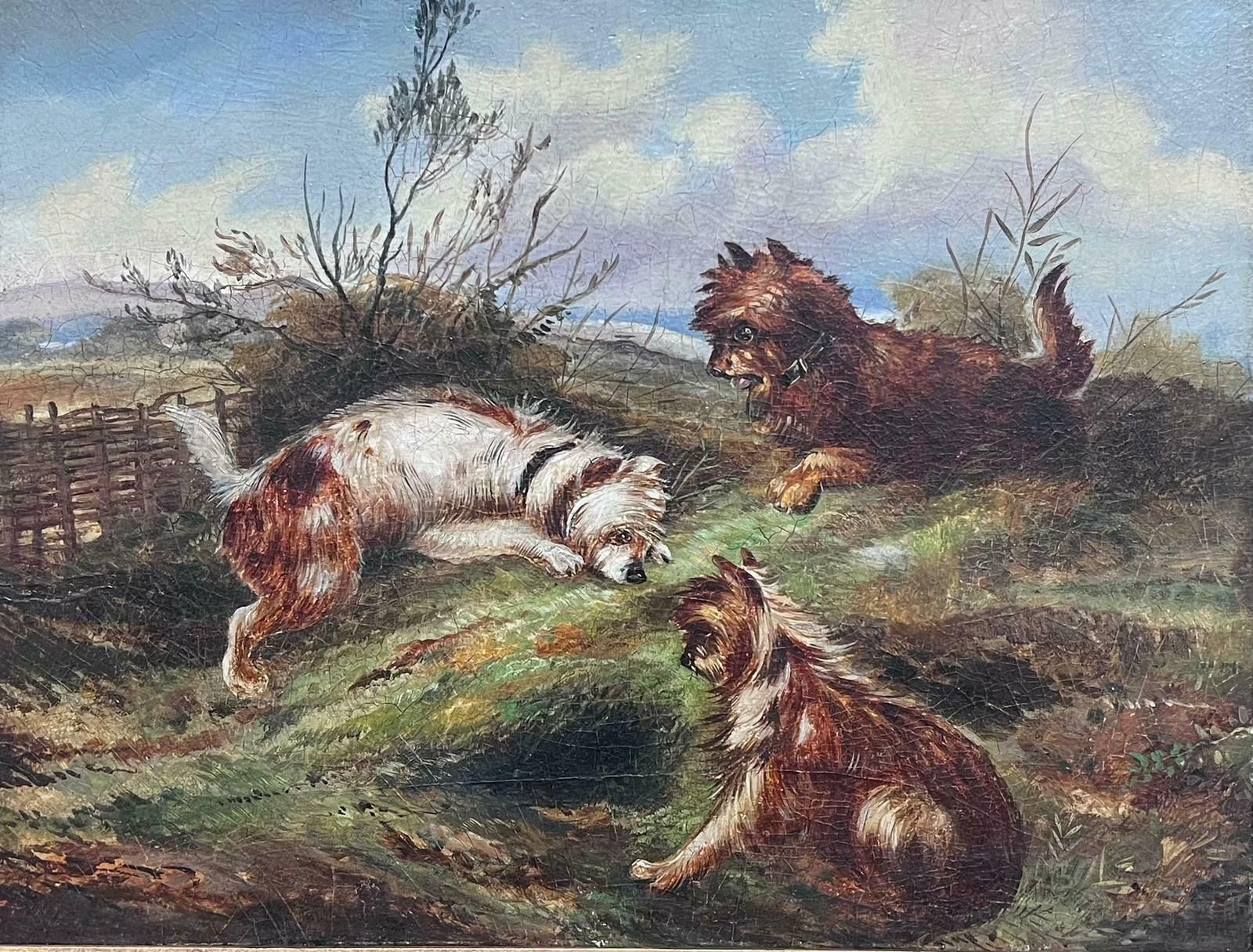 Fine Victorian English Oil Painting Three Terrier Dogs By Rabbit Hole Landscape photo furniture