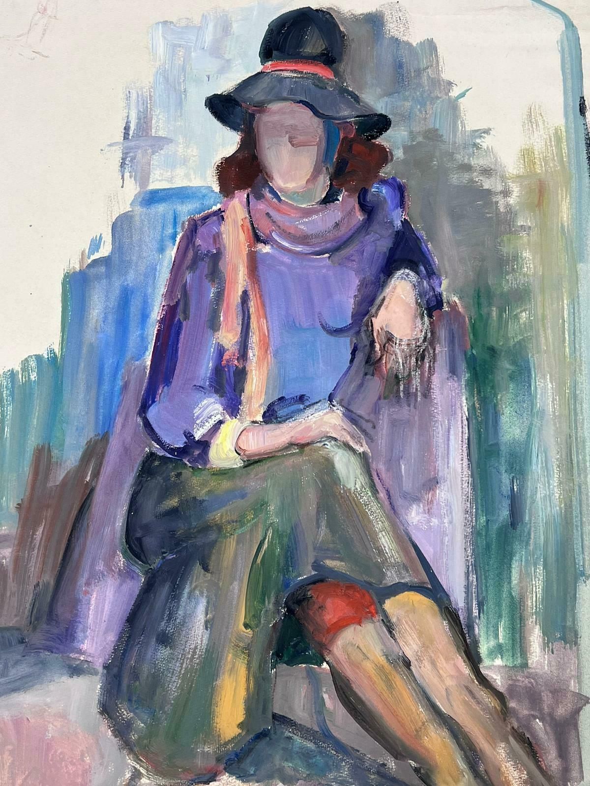 French Modernist1970's Posed Chic Model In Black Hat French Modernist Painting 1970's photo 667.0