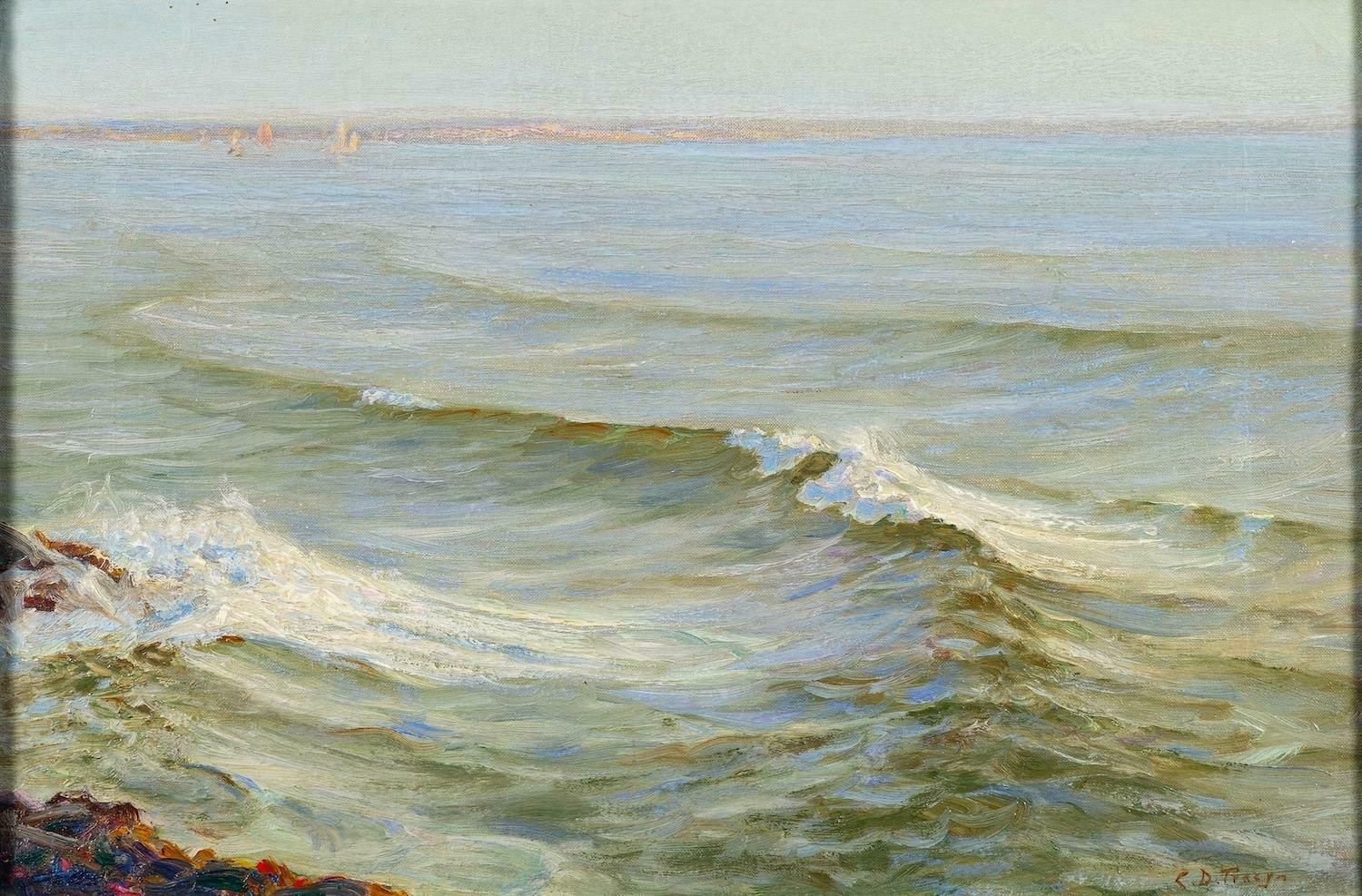 Charles Dunlop Tracey (British, 1870 1948)shimmering Sea English 1920's Signed Oil Painting Rolling Waves Barnstable Bay1920's