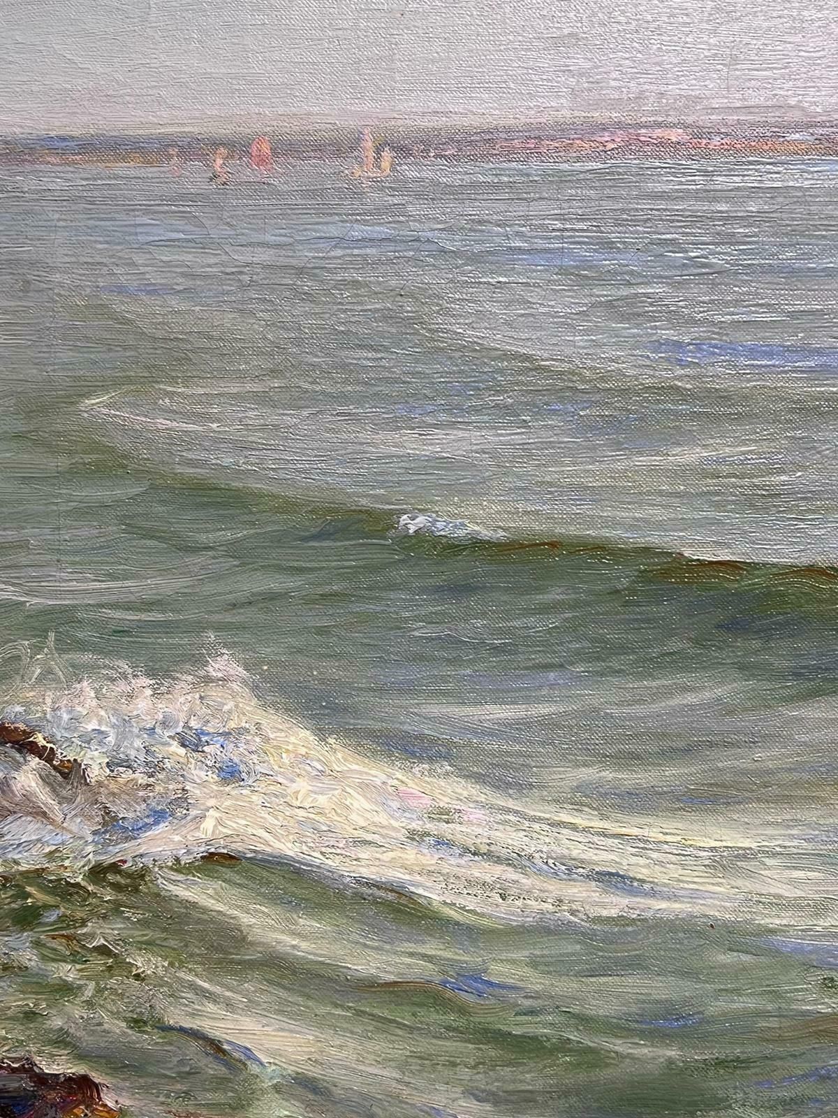 Charles Dunlop Tracey (British, 1870 1948)shimmering Sea English 1920's Signed Oil Painting Rolling Waves Barnstable Bay1920's photo vinterior