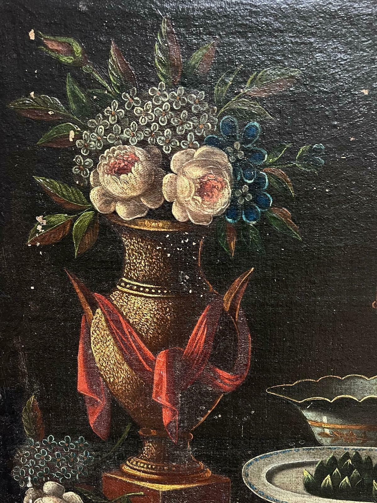 Italian 18th Centuryhuge 18th Century Italian Old Master Oil Painting Still Life Fruit Flowers & Jug18th Century photo vinterior