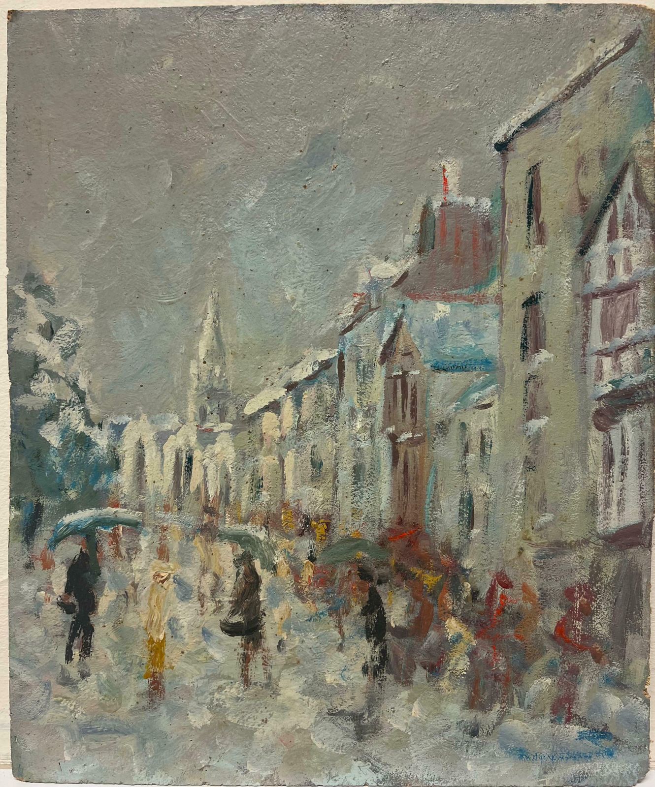 Fanch Lelfigures Bustling In A French Street Scene On A Rainy Day Breton Oil Painting20th Century photo furniture