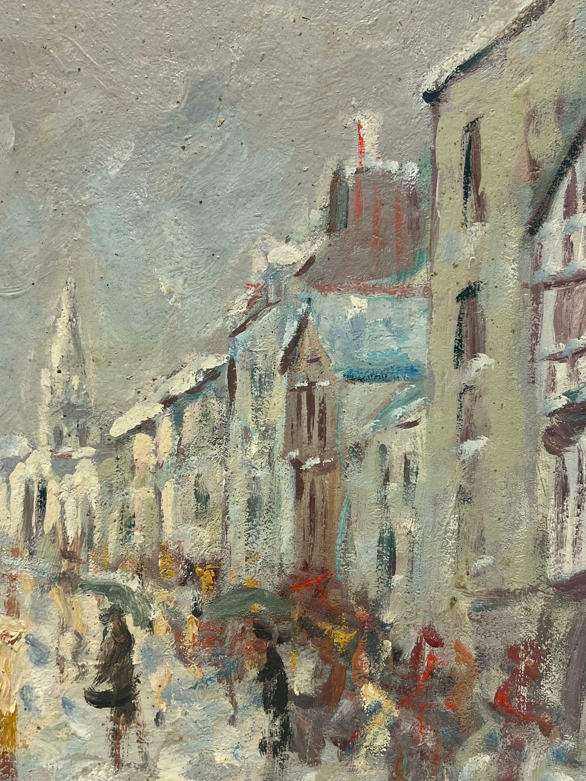 Fanch Lelfigures Bustling In A French Street Scene On A Rainy Day Breton Oil Painting20th Century photo for sale