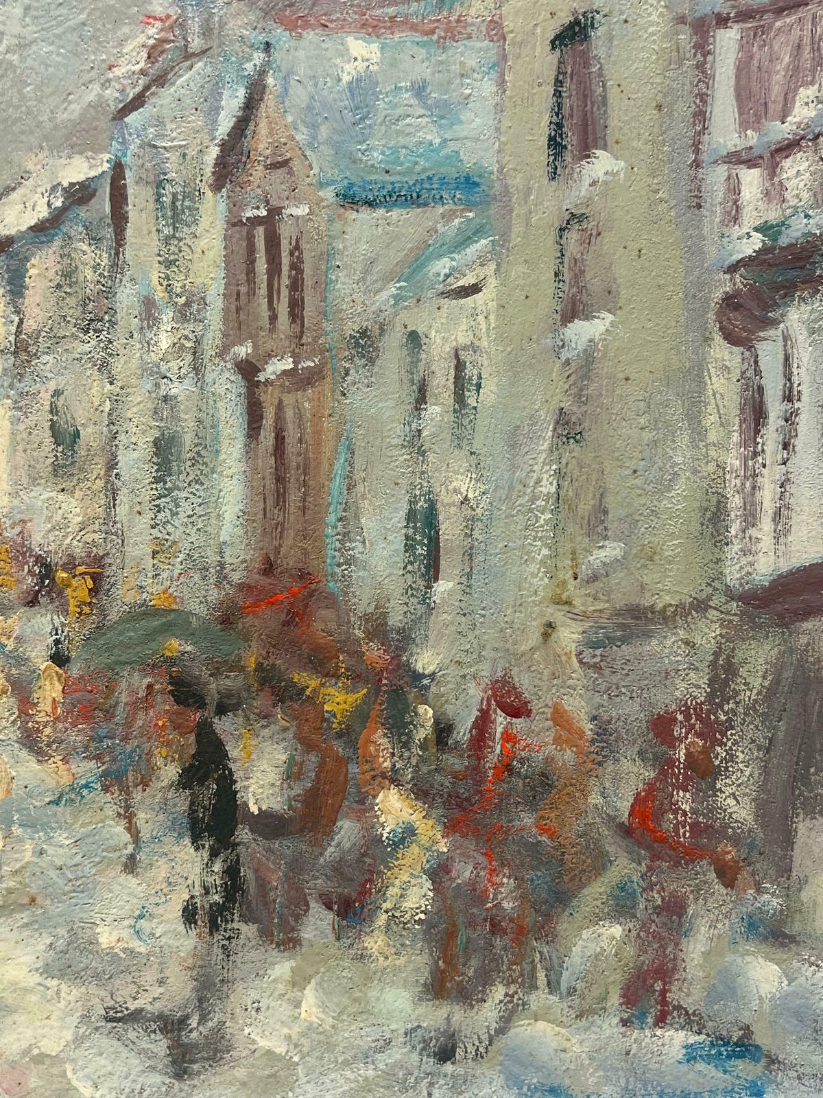 Fanch Lelfigures Bustling In A French Street Scene On A Rainy Day Breton Oil Painting20th Century photo vinterior