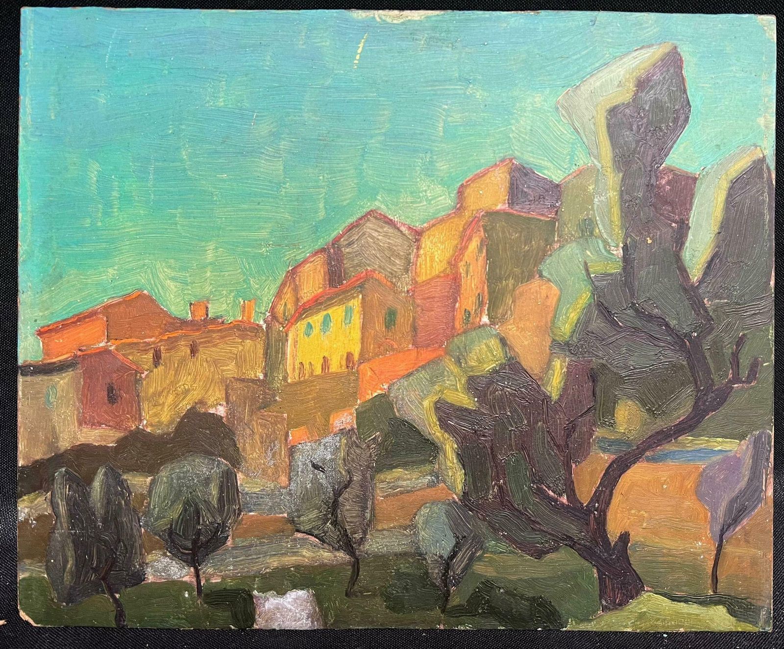 French School20th Century French Cubist Oil Painting Sun Scorched Provencal Village Rocks1960's photo furniture