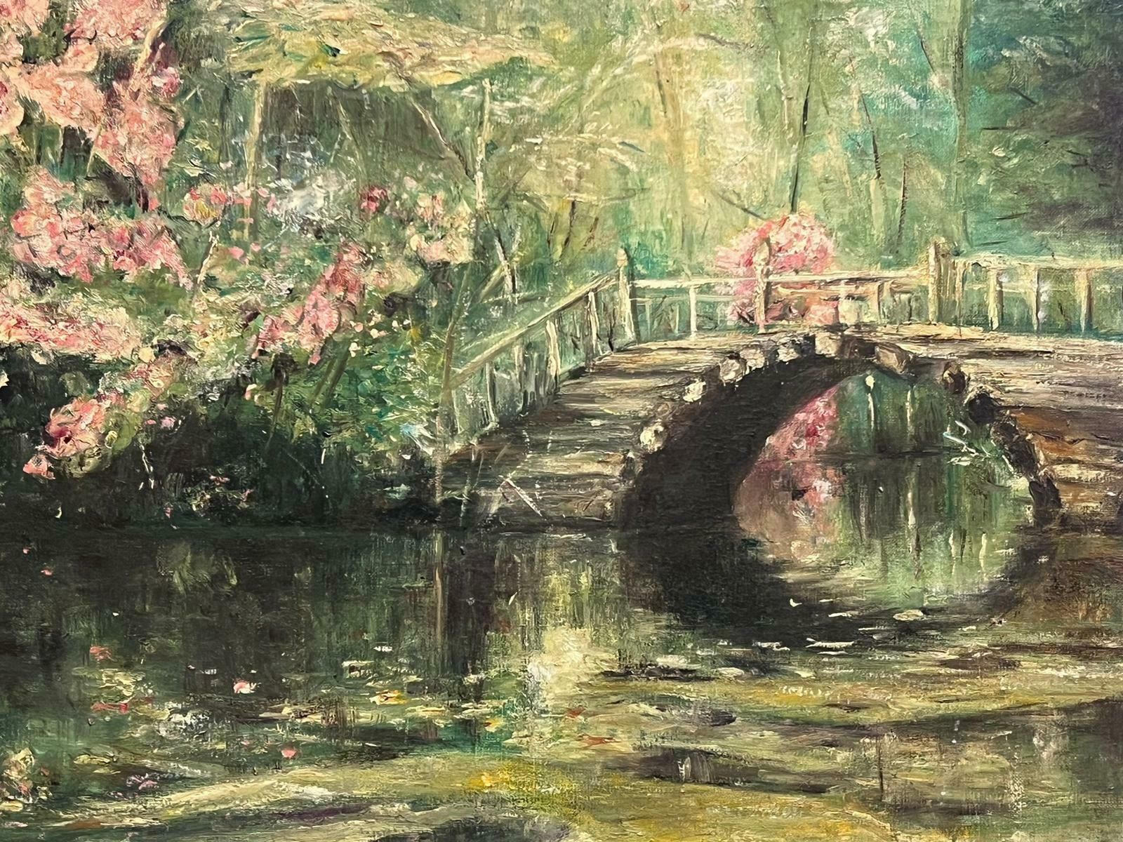French Schoolcherry Blossom Trees Over Lake Antique French Impressionist Signed Oil Painting photo 923.0
