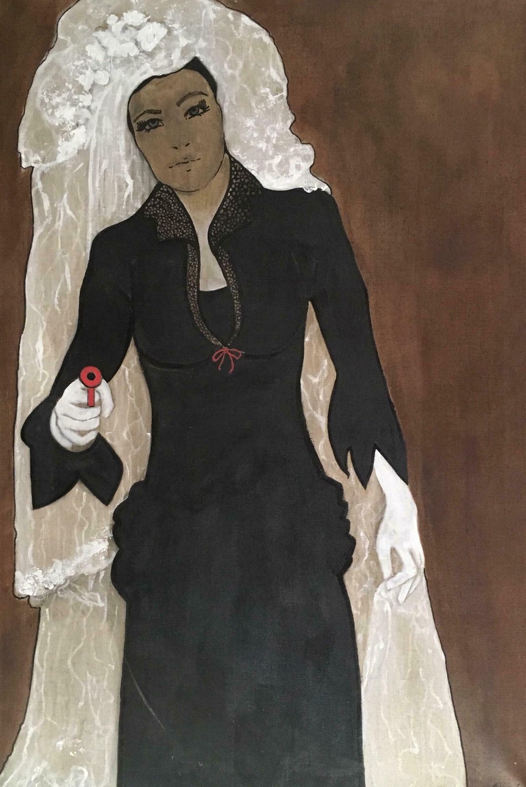 Larissa Ickxgirl With The Gun 1990's Stylised Portrait Signed Oil Paintingc.1990s