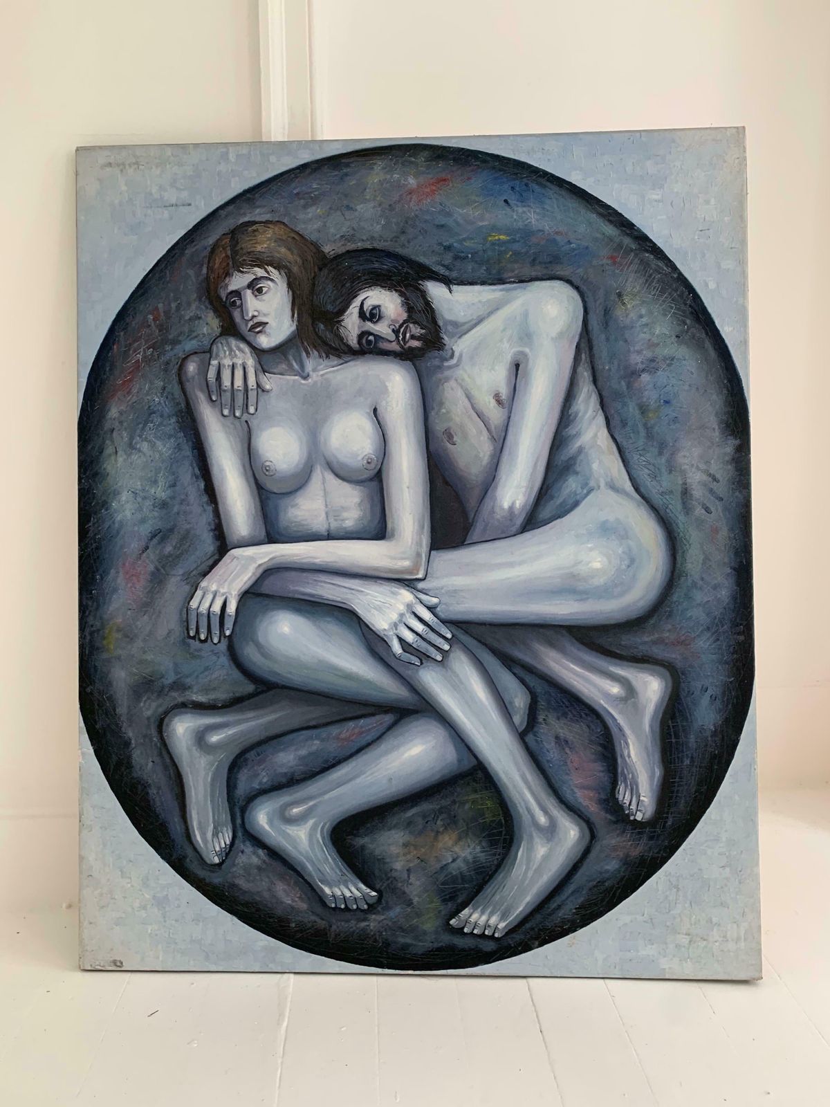 French Expressionisthuge 20th Century French Oil On Canvas   Adam & Eve Grey Black & White Ovalc. 1990's photo furniture