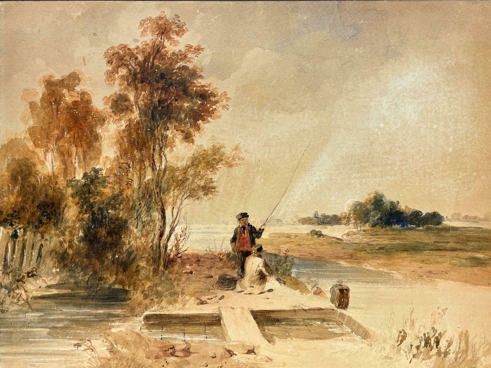Early 19th Century Watercolour, Young Anglers On River Lea, Fine Landscapec. 1830's