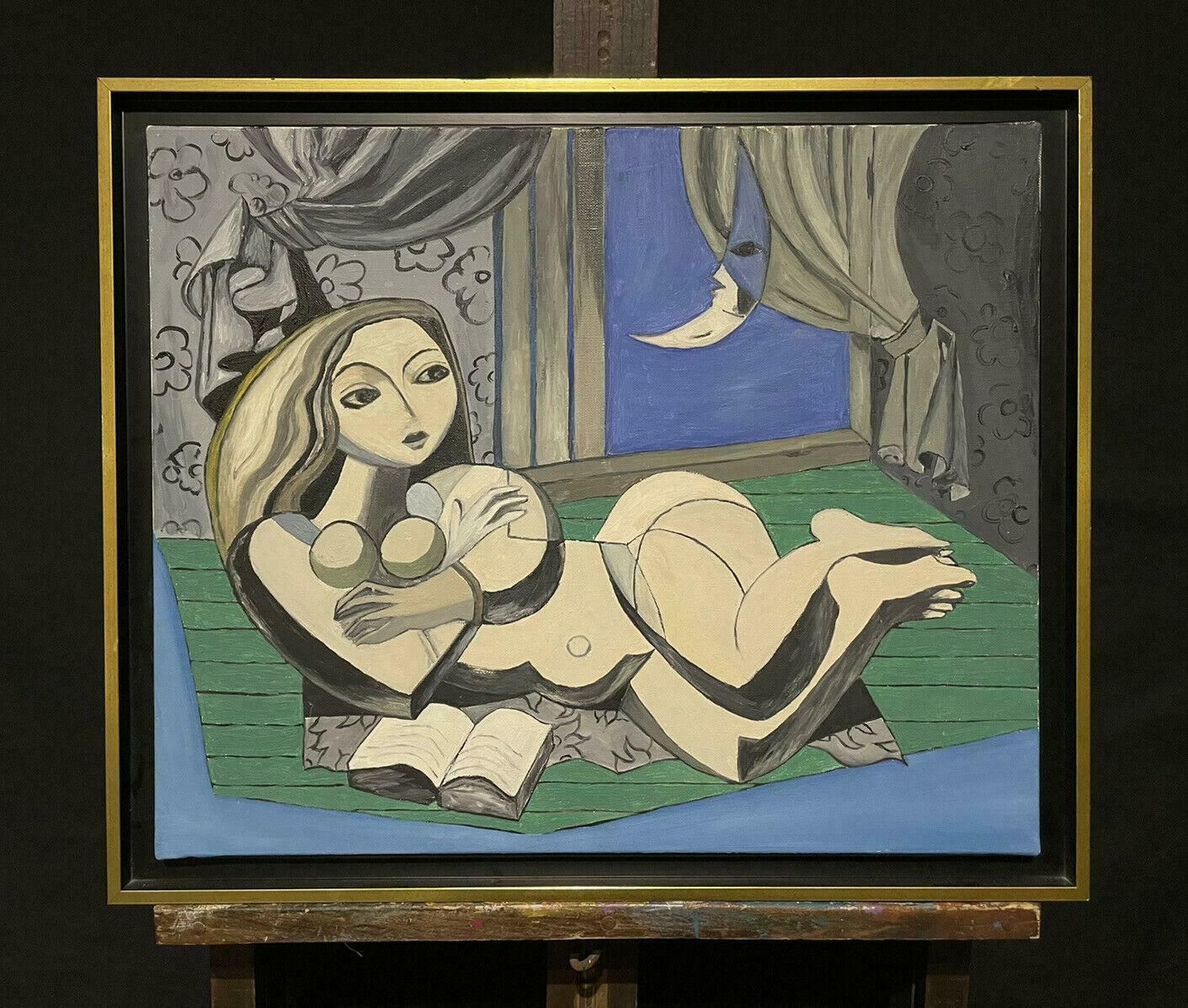 Style Of Picassolarge French 20th Century Oil Nude Lady Reclining, In The Style Of Picasso photo furniture