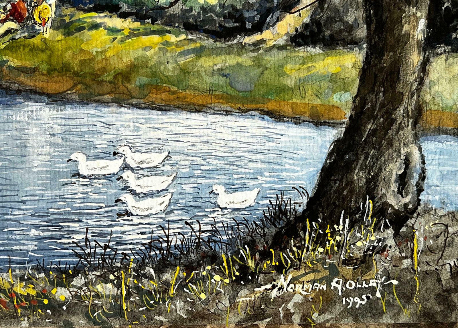 Norman A Olleya Peaceful Afternoon With Swans By An Old Cottage Mill photo vintage