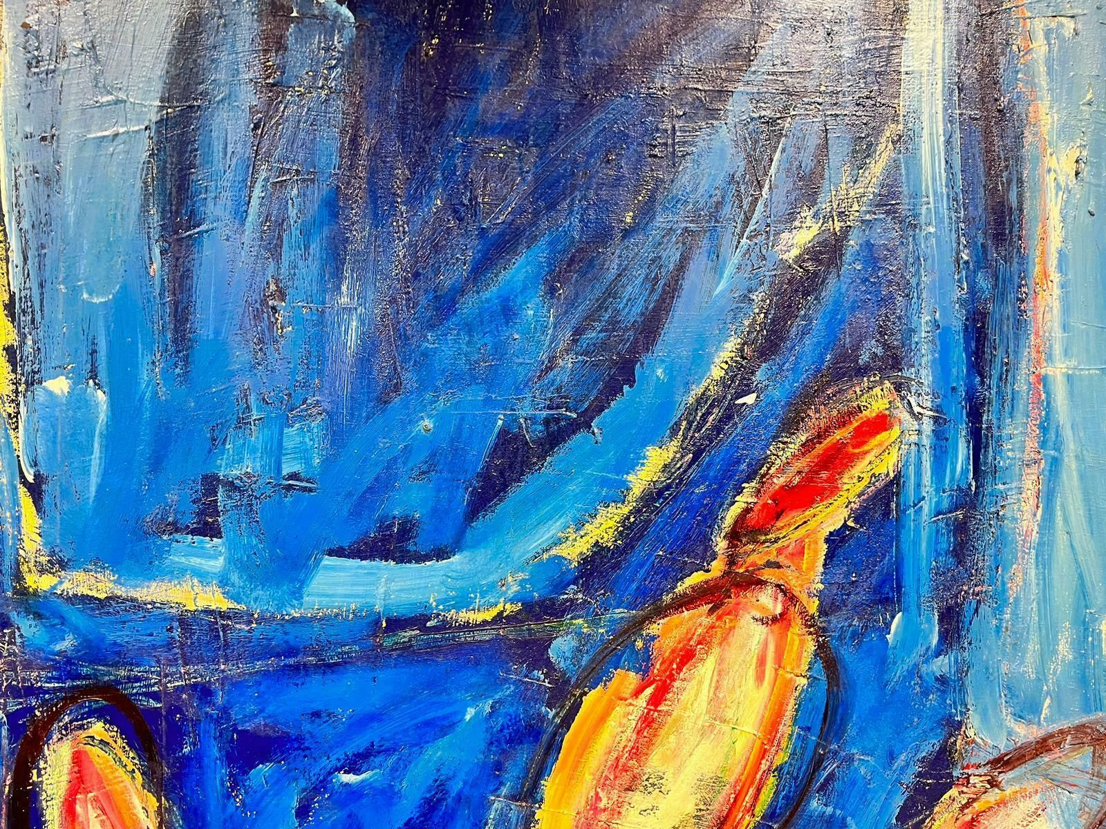 French Expressionisthuge French Expressionist Abstract Signed Oil Blue With Orange Yellow Shapes20th Century photo vintage