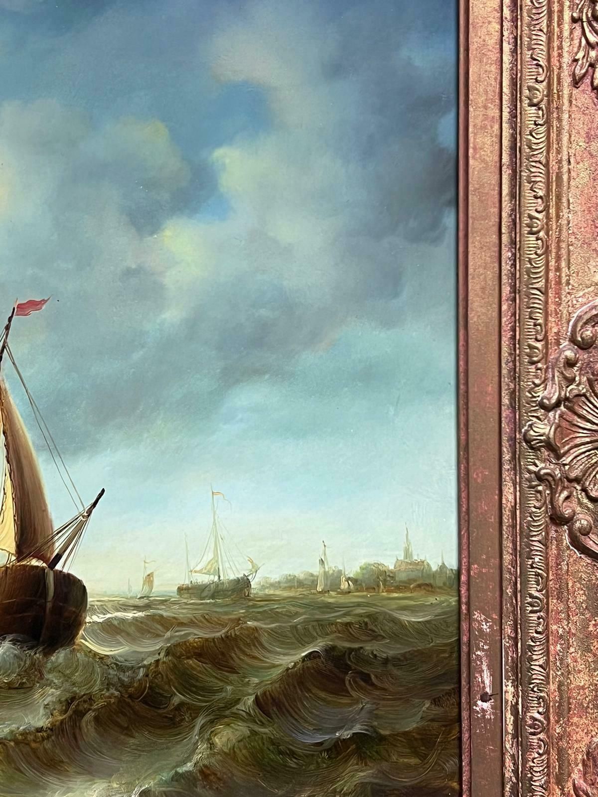 Jean Laurentfine Marine Signed Oil Painting Old Sailing Boats On Choppy Seas Gilt Framed photo buy