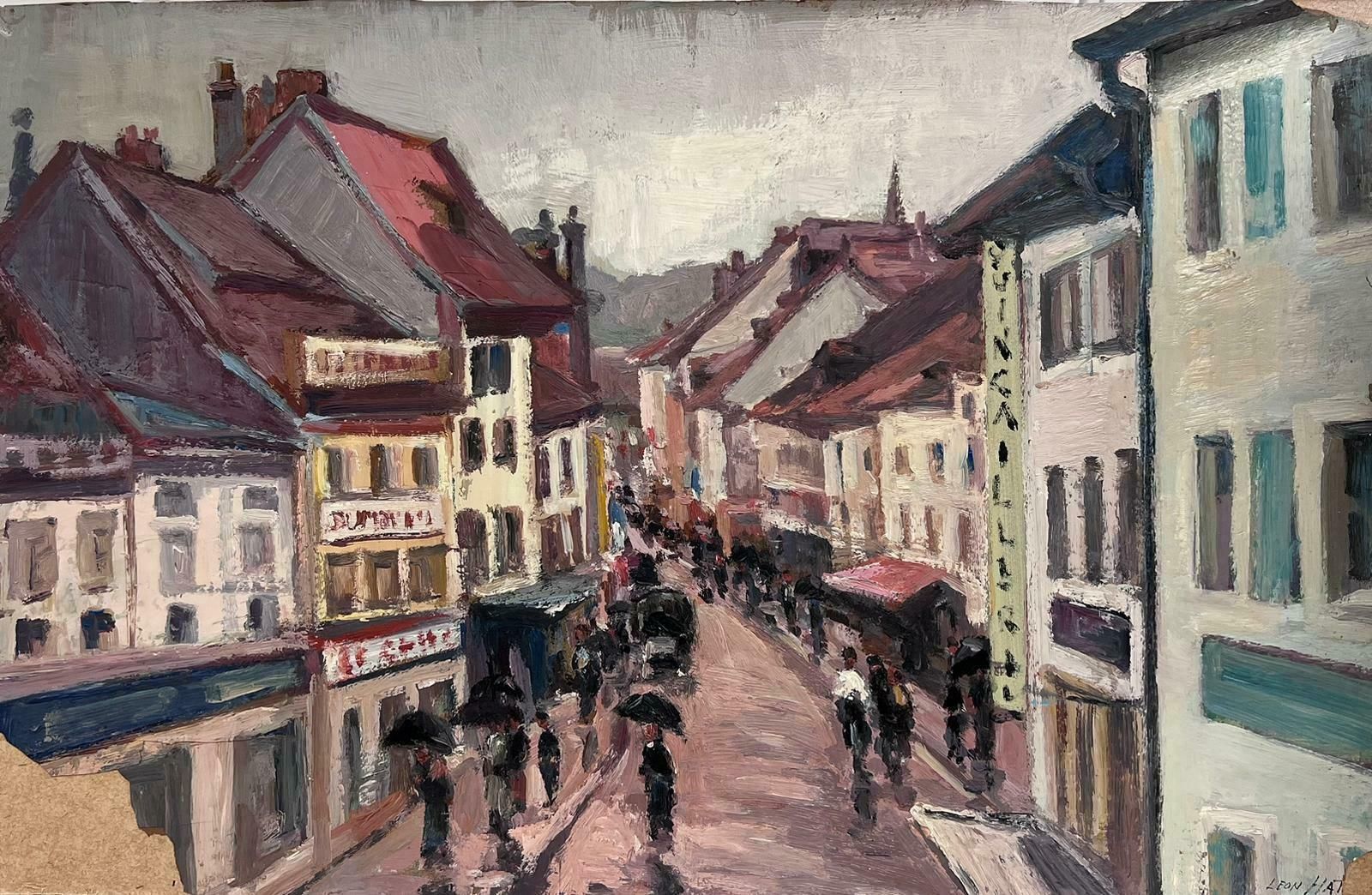 Leon Hatotvintage French Oil Painting Busy Red Town With Figures Holding Umbrellas
