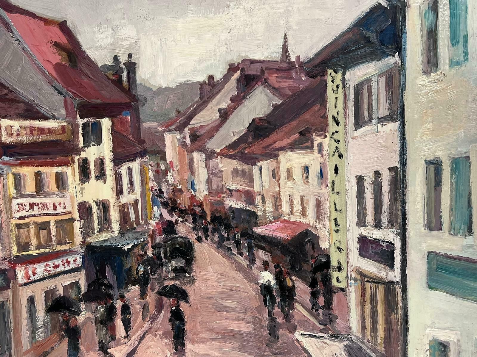 Leon Hatotvintage French Oil Painting Busy Red Town With Figures Holding Umbrellas photo furniture