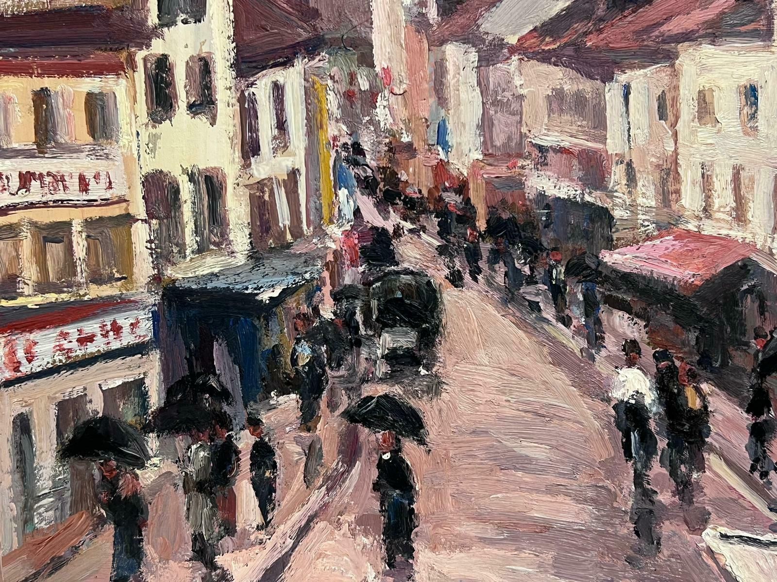 Leon Hatotvintage French Oil Painting Busy Red Town With Figures Holding Umbrellas photo 769.0
