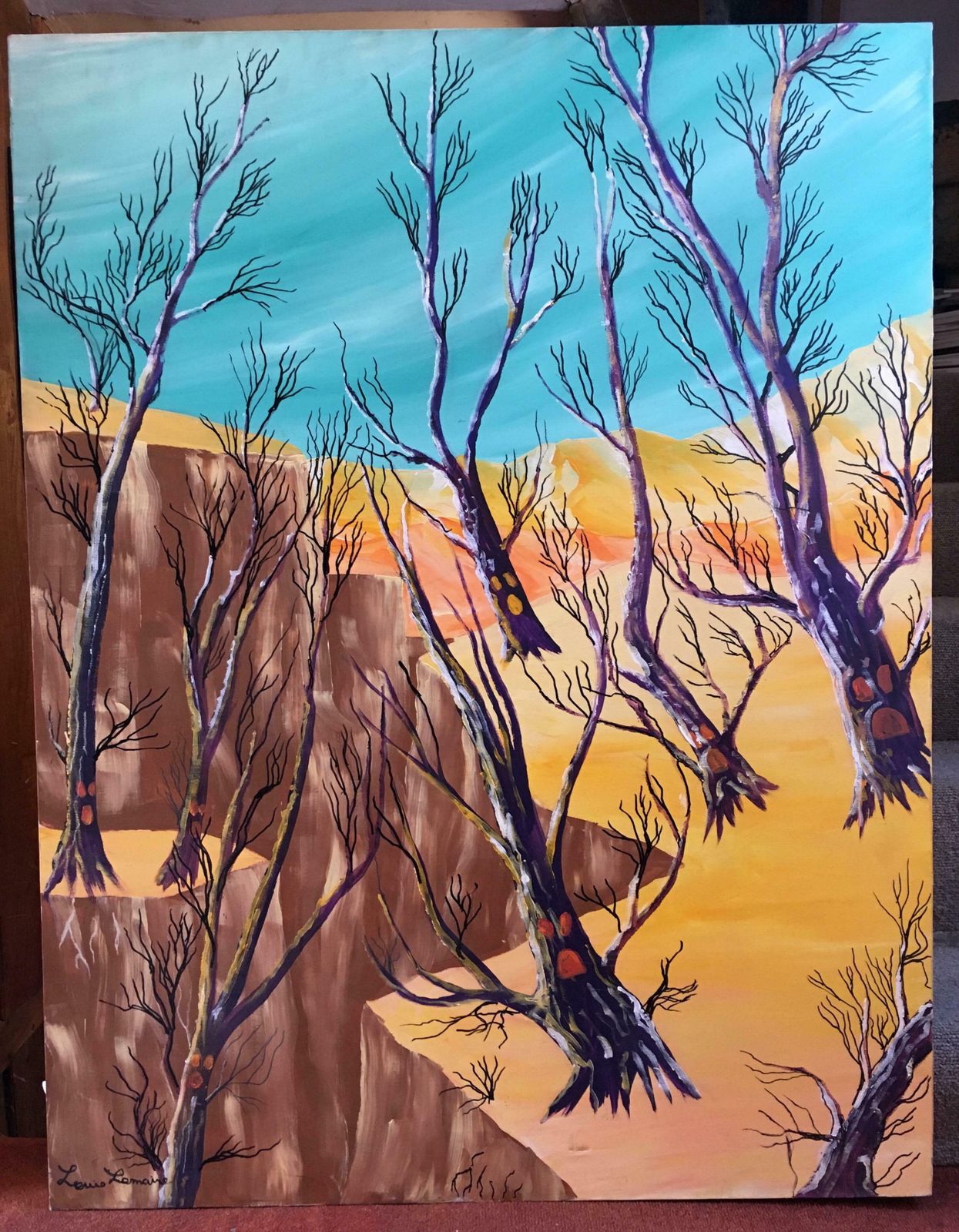 Louis Lemairestylised Derelict Landscape, Bright Colours, Signed Oil Paintingc.1970s photo furniture