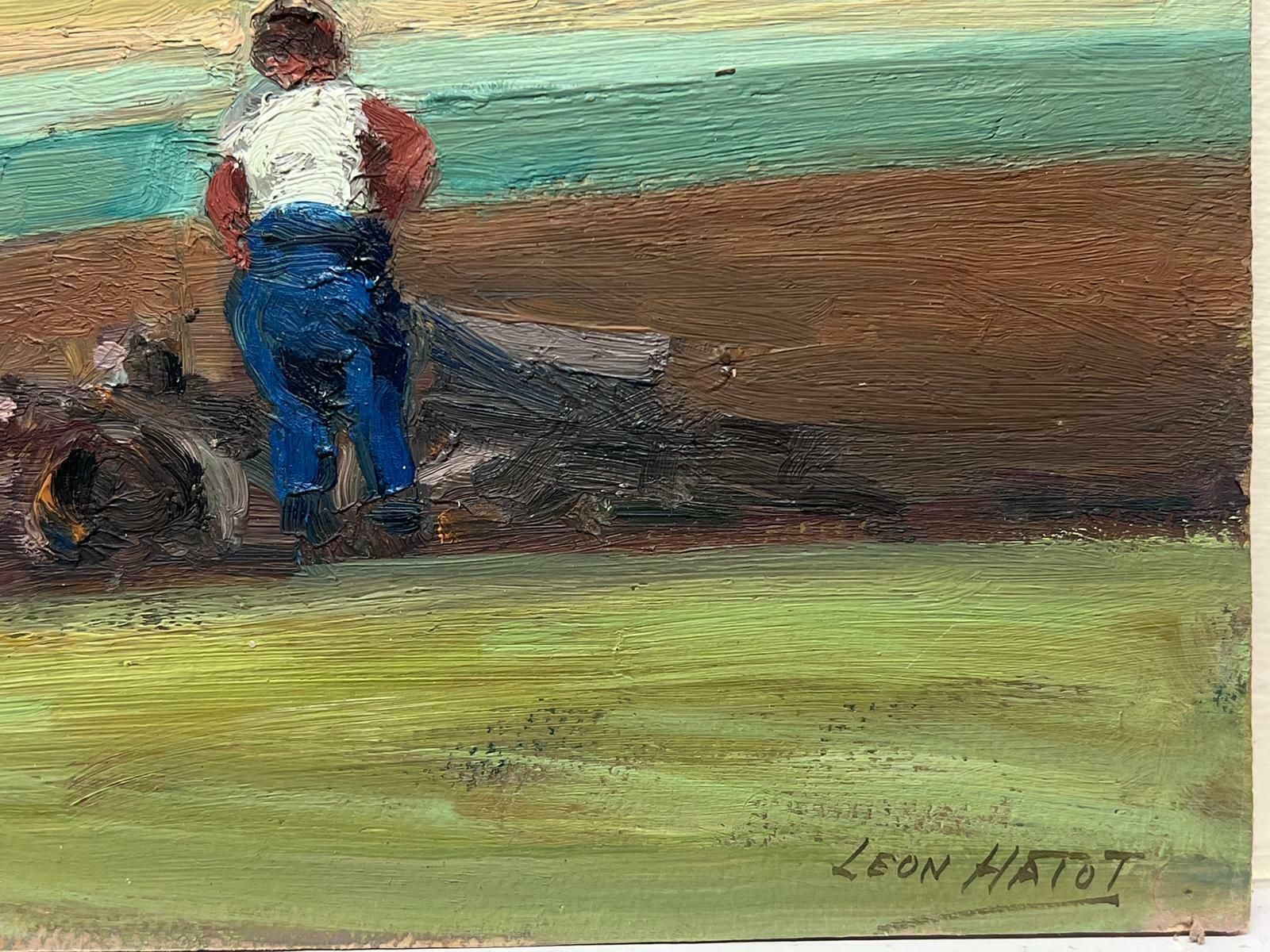 Leon Hatotvintage French Oil Painting Black And Brown Horse With Harvester In Fields photo 769.0