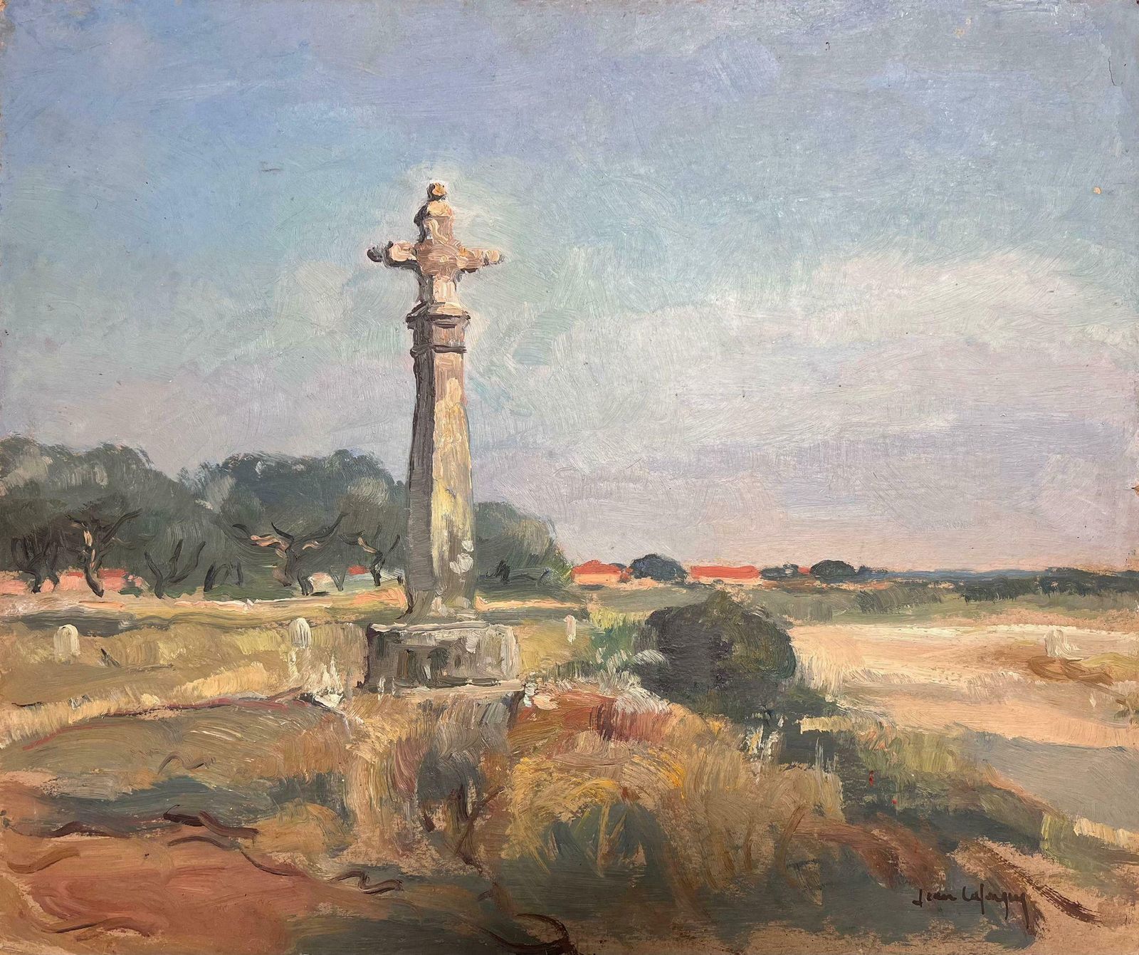 Jean Laforgueold Preaching Cross Memorial Stone French Village Landscape 1950's Oil Painting