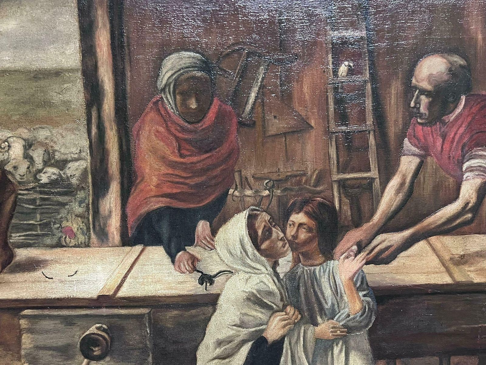 British Pre Rapaelite Schoolchrist In The House Of His Parents The Carpenters Workshop Antique English Oil photo 2027.0