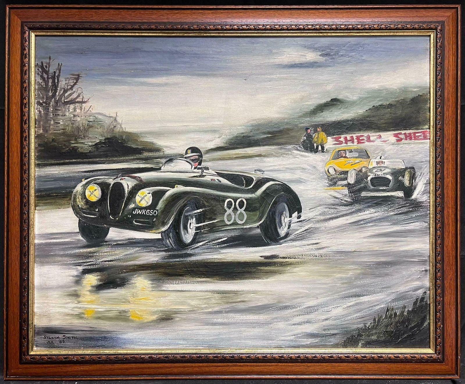 British 1960'sclassic Jaguar Motor Racing Action Scene Original 1960's Signed Oil Painting photo furniture