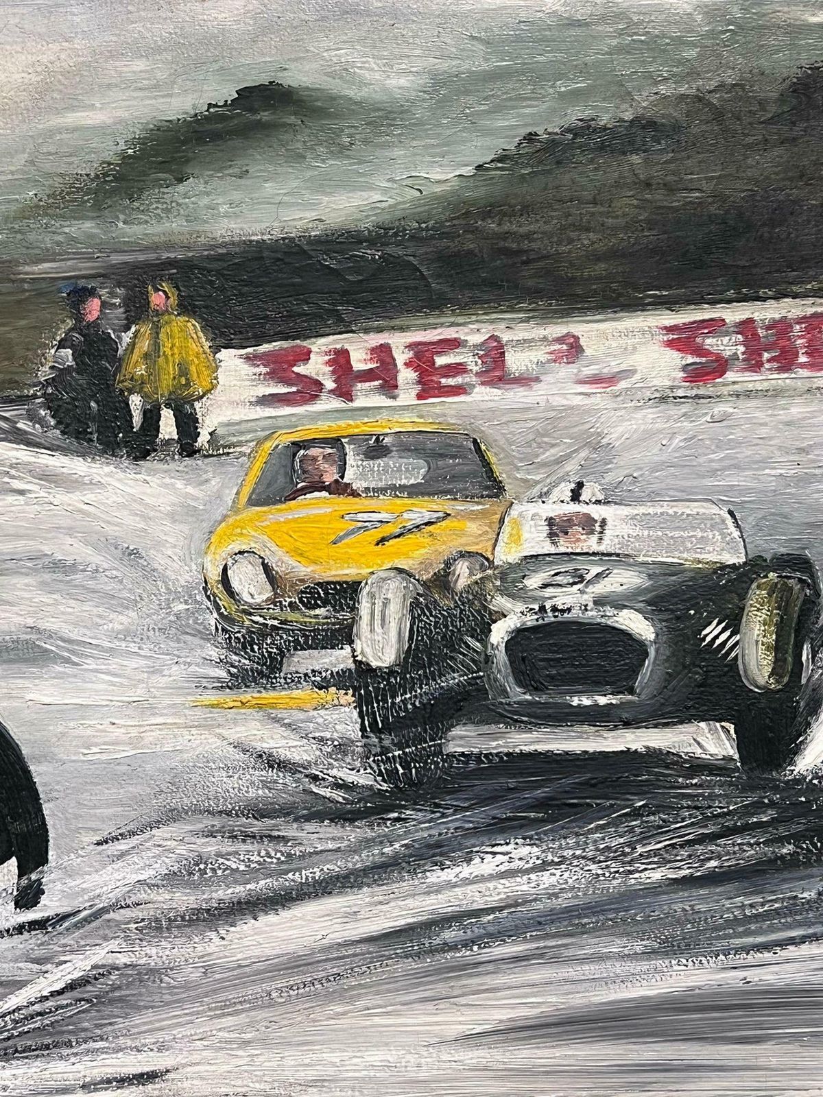British 1960'sclassic Jaguar Motor Racing Action Scene Original 1960's Signed Oil Painting photo for sale