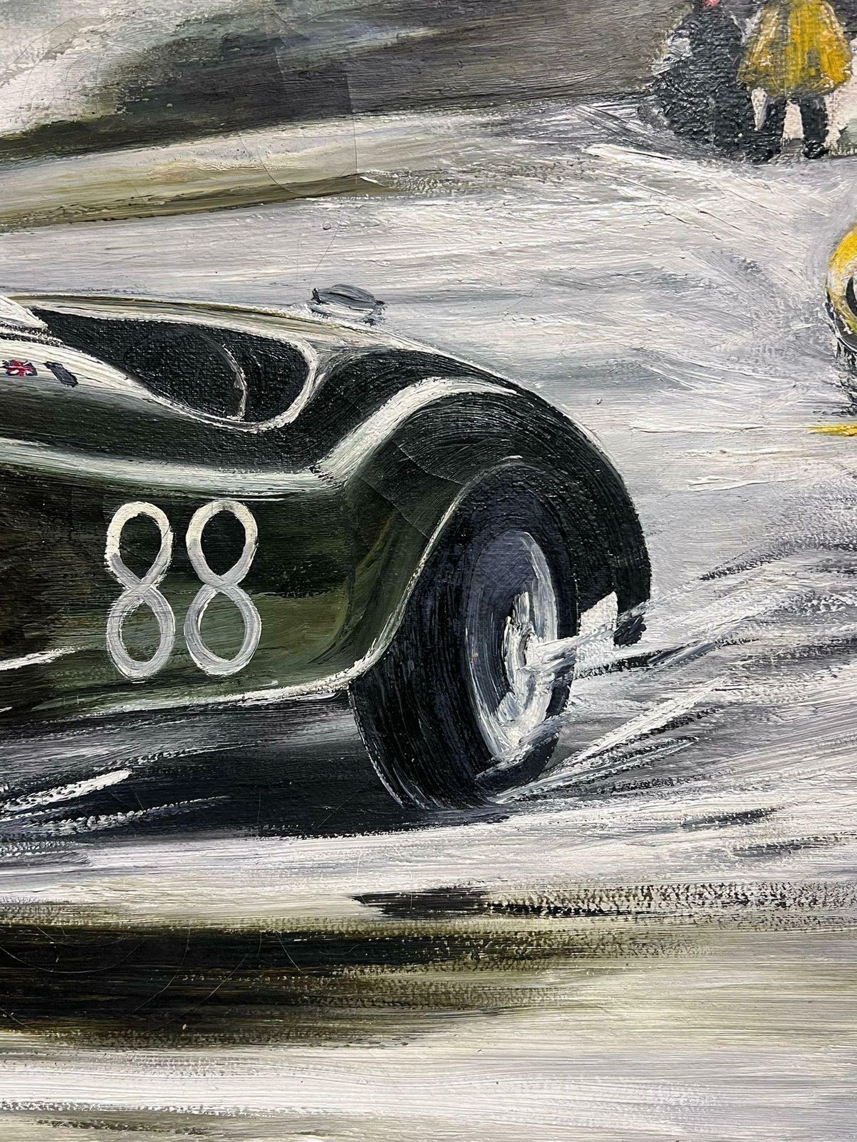 British 1960'sclassic Jaguar Motor Racing Action Scene Original 1960's Signed Oil Painting photo vintage