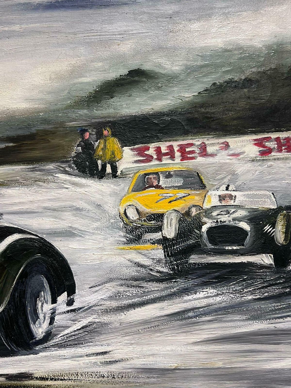 photo furniture British 1960'sclassic Jaguar Motor Racing Action Scene Original 1960's Signed Oil Painting