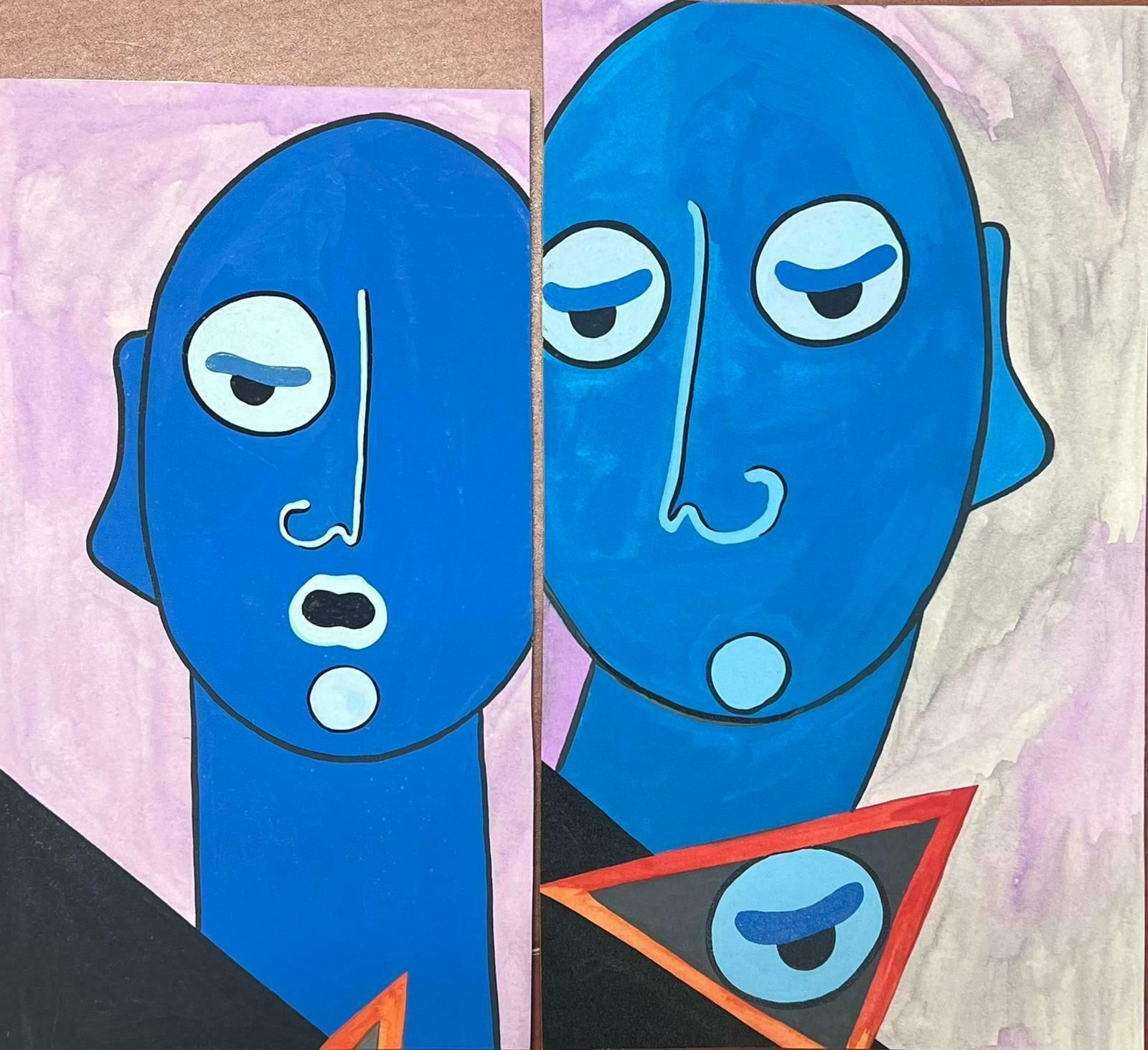 Sally Vaughantwo X Contemporary British Abstract Original Paintings Head Portrait Figures1990