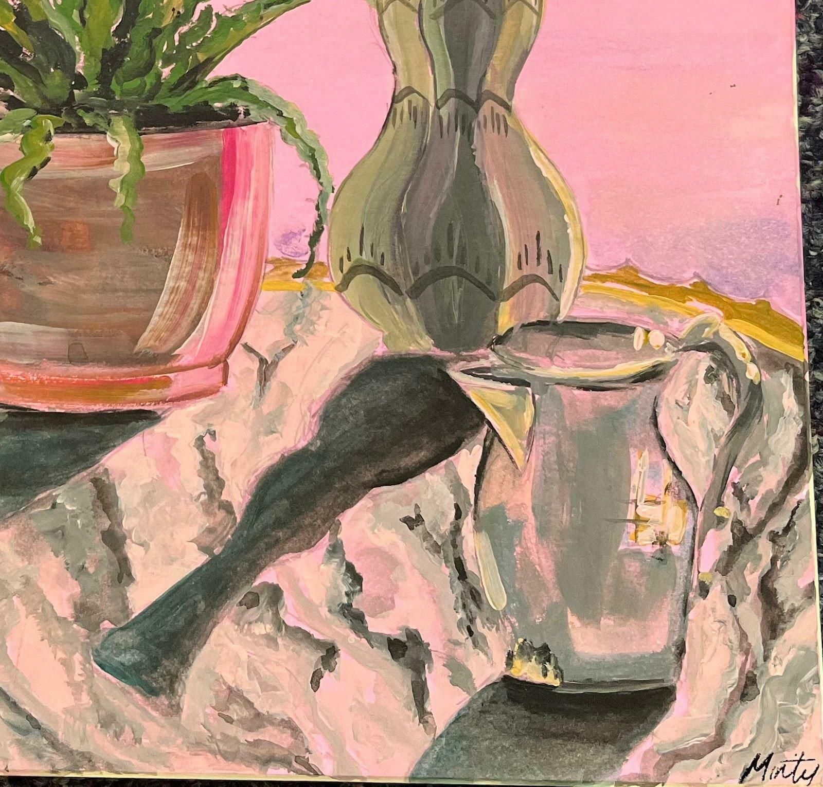Minty Ramseypink Still Life Interior With Green Fern Acrylic Painting Contemporary British 2024 photo for sale