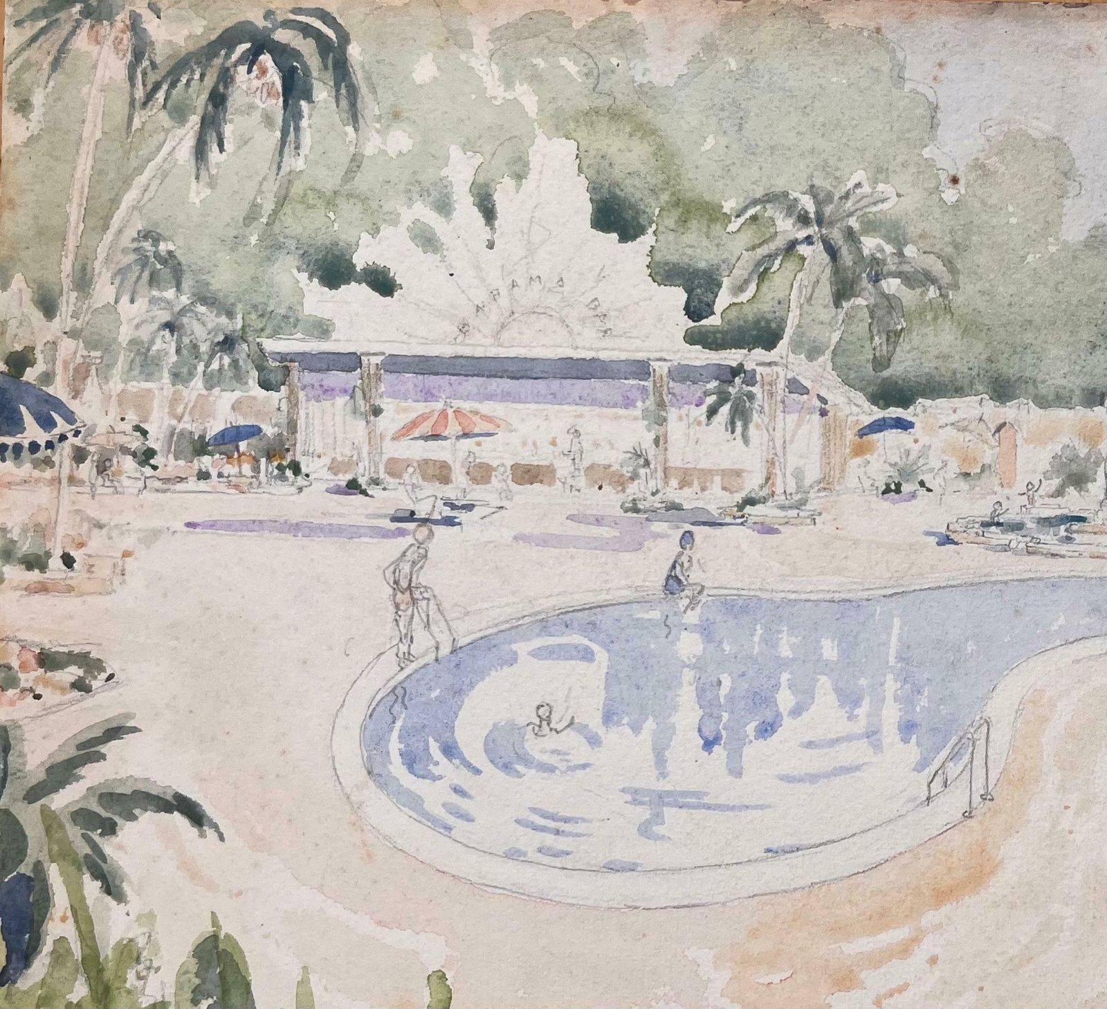 Ian G. Walkerfinely Detailed British Watercolor Topographical Of A Tropical Poolside Scene20th Century photo for sale