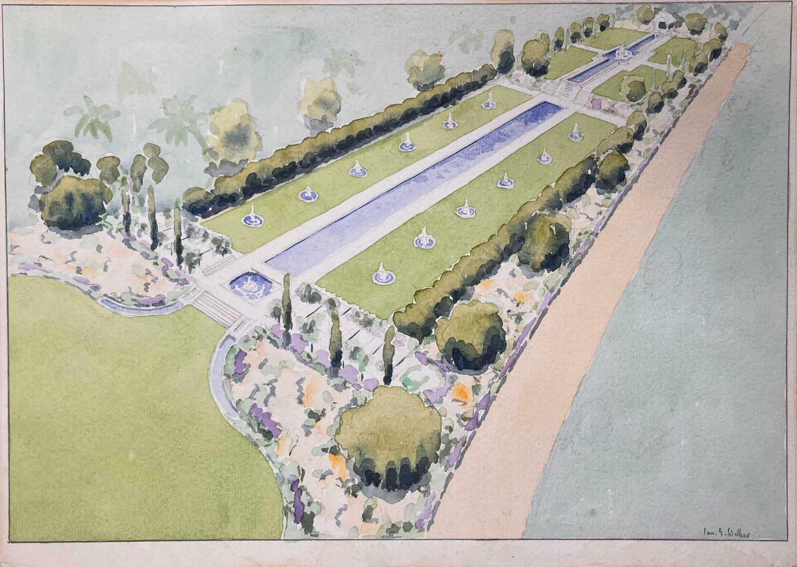 Ian G. Walkerfinely Detailed British Watercolor Topographical Of A Mogul Garden In Pakistan20th Century