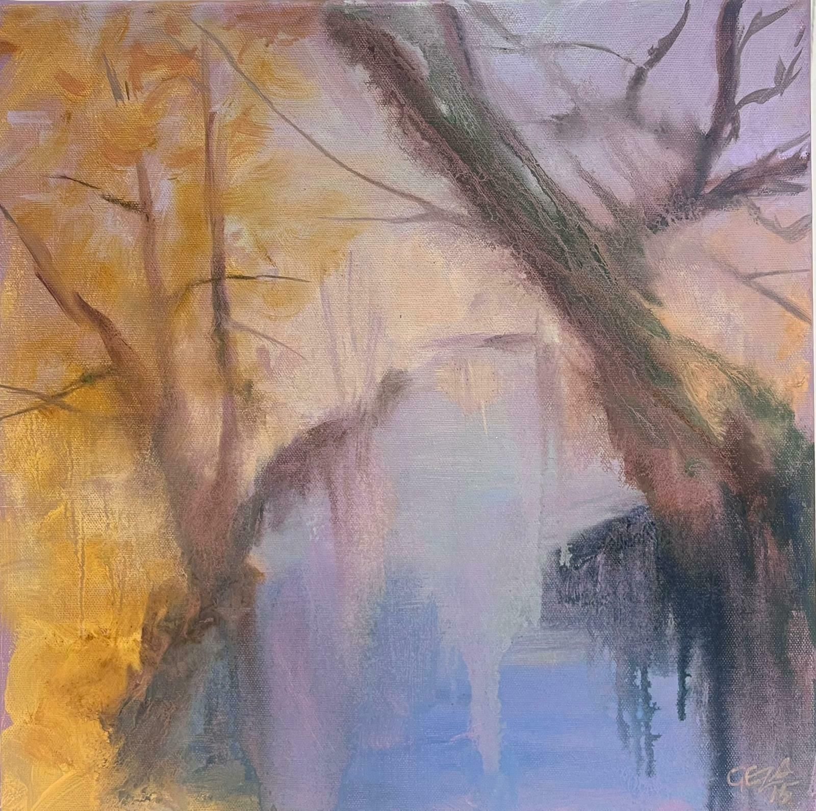 Geza Somerset Paddonblurry Purple And Yellow River Landscape Contemporary British Oil Painting