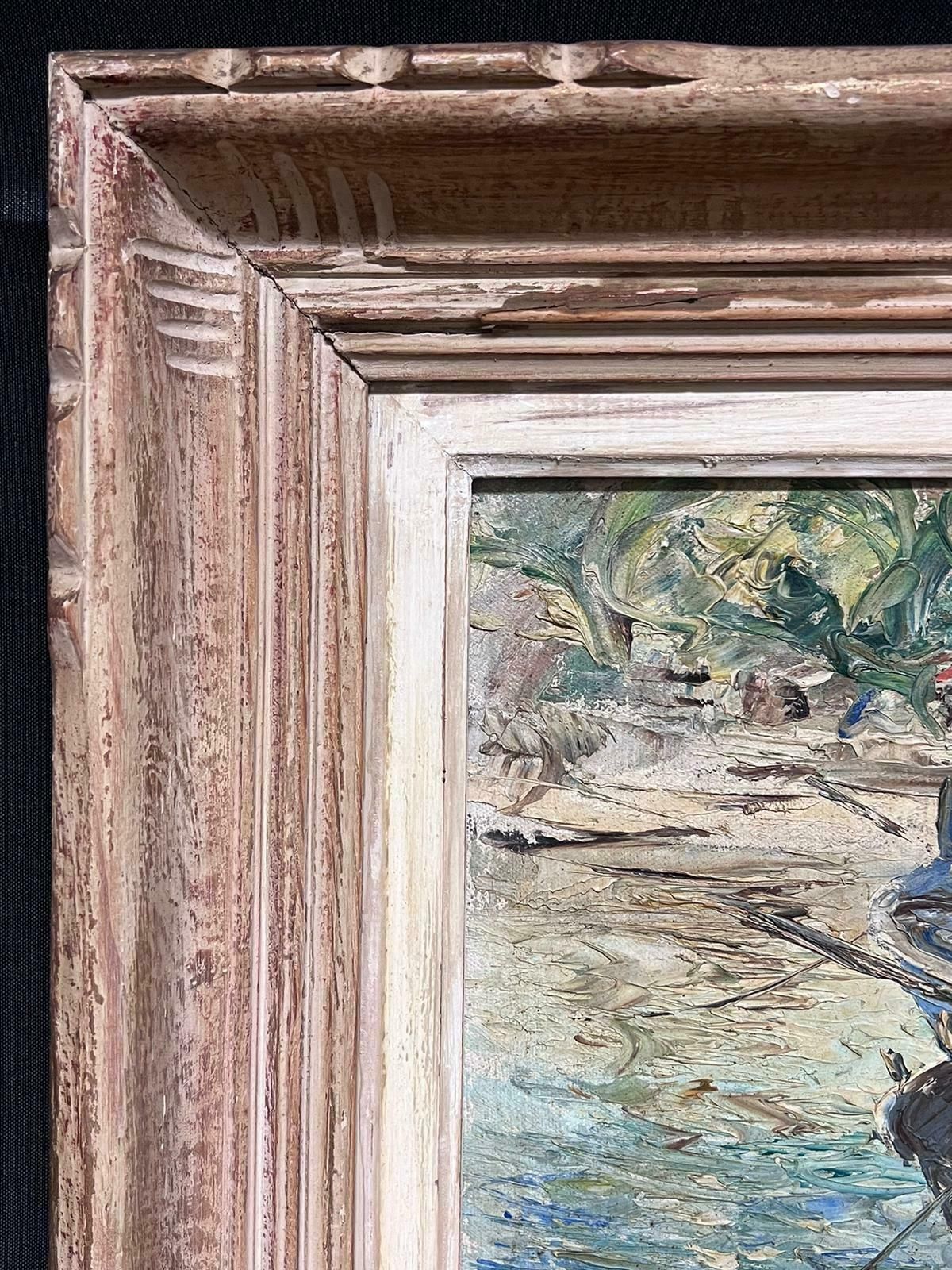 Italian Mid 20th Centurysigned Italian Oil Painting C. 1950's Fishing Boat Sunny Beach Side Sea Scene photo for sale