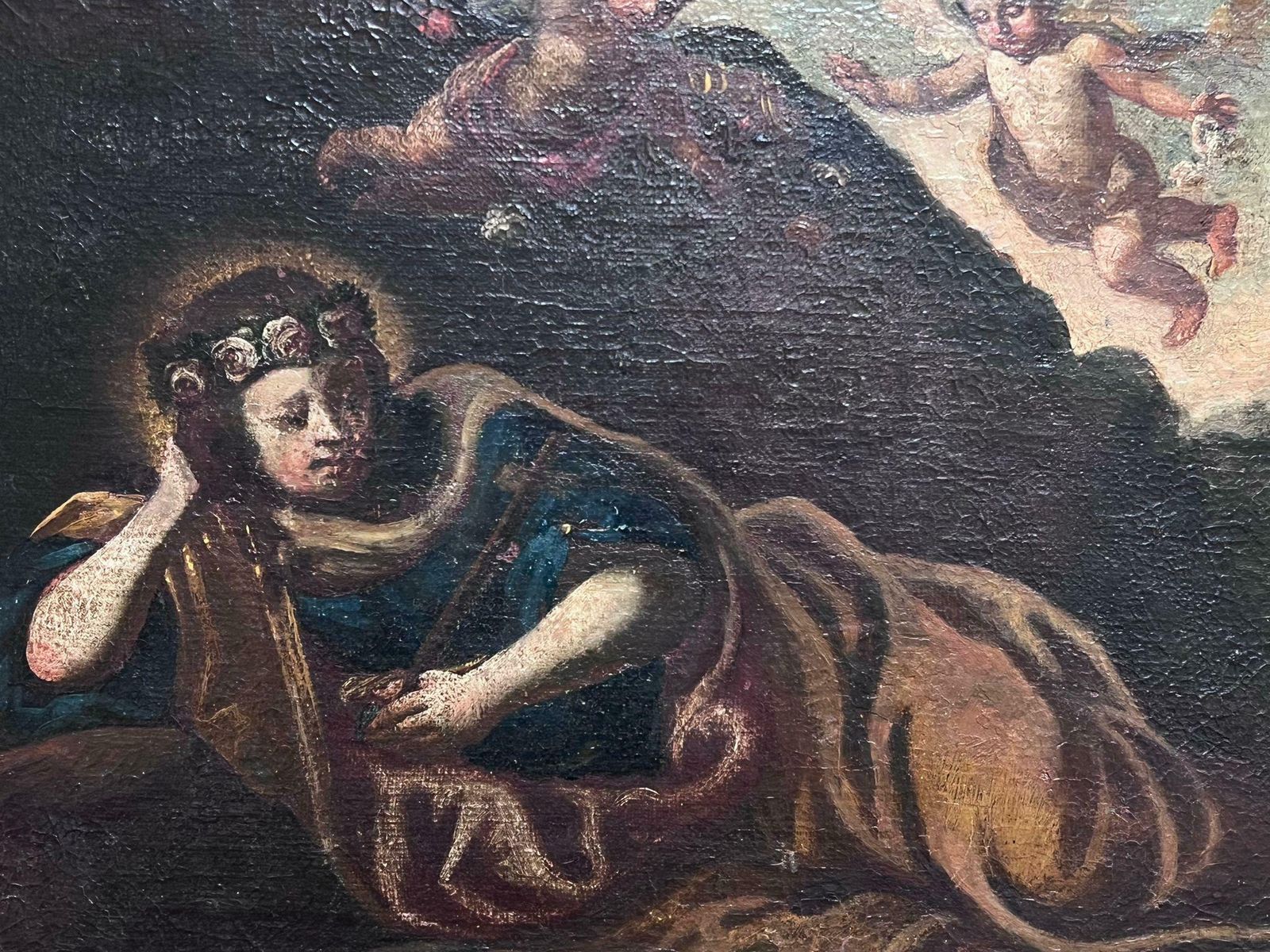 Italian 17th Century Old Mastercherubim Hovering Woman In Wilderness 17th Century Italian Old Master Oil 17th Century photo for sale
