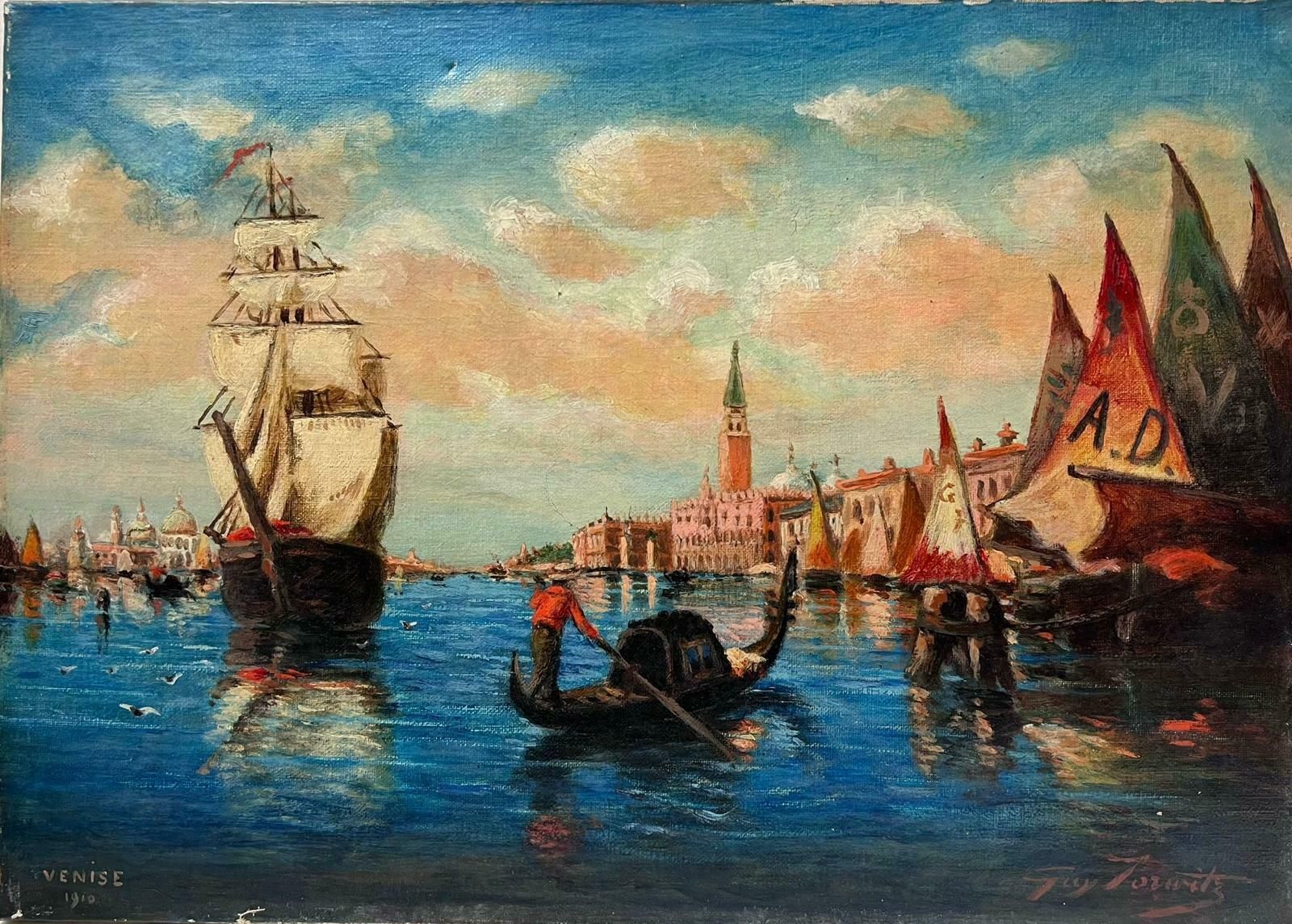 Italian Antiquethe Grand Canal Venice Antique 1910 Signed Oil Painting On Canvas Many Boats1910