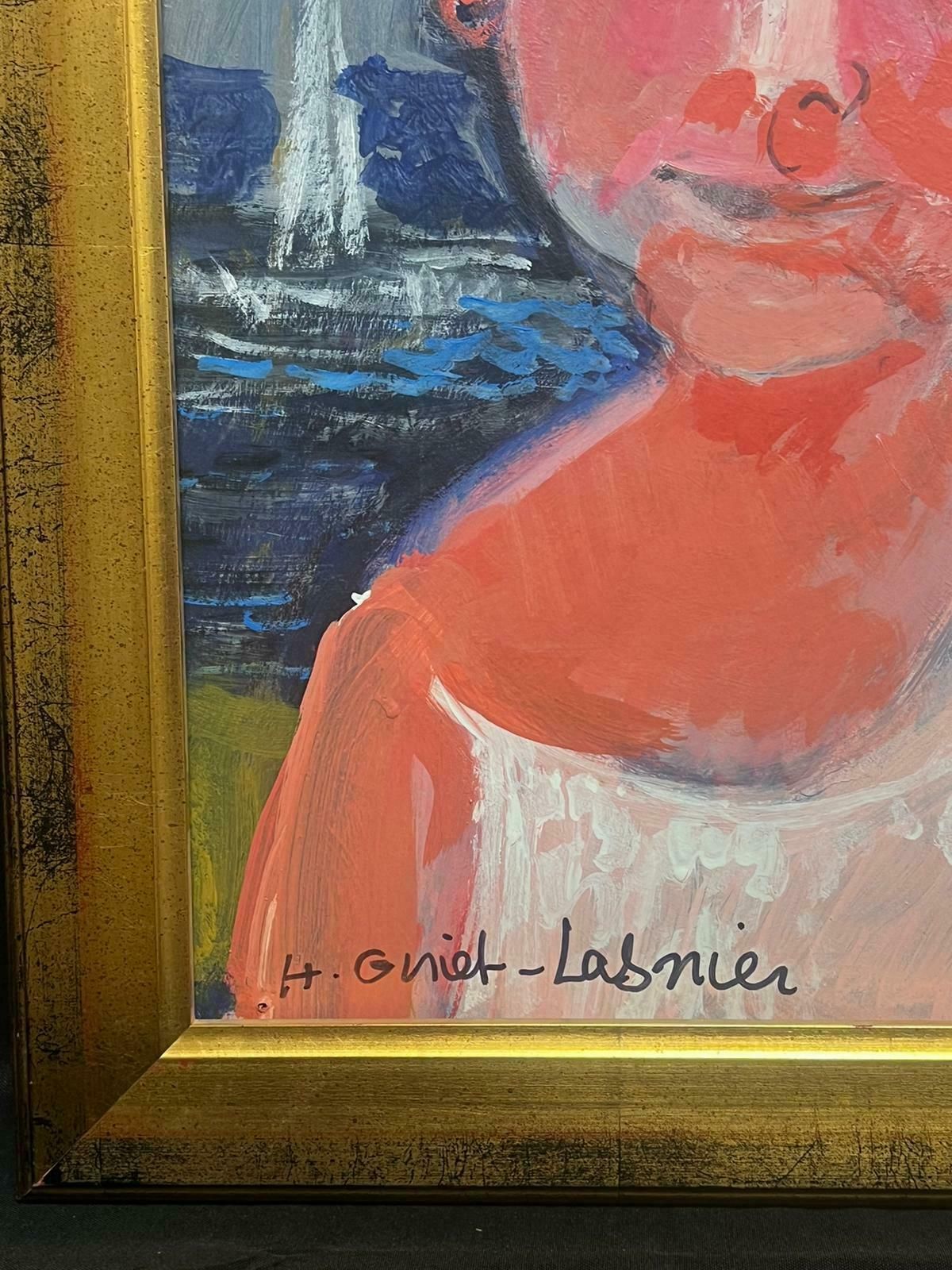 Huguette Ginet Lasnier French Modernist Signed Oil Portrait Of Child On Beach With Sea & Boatc. 2000's photo for sale
