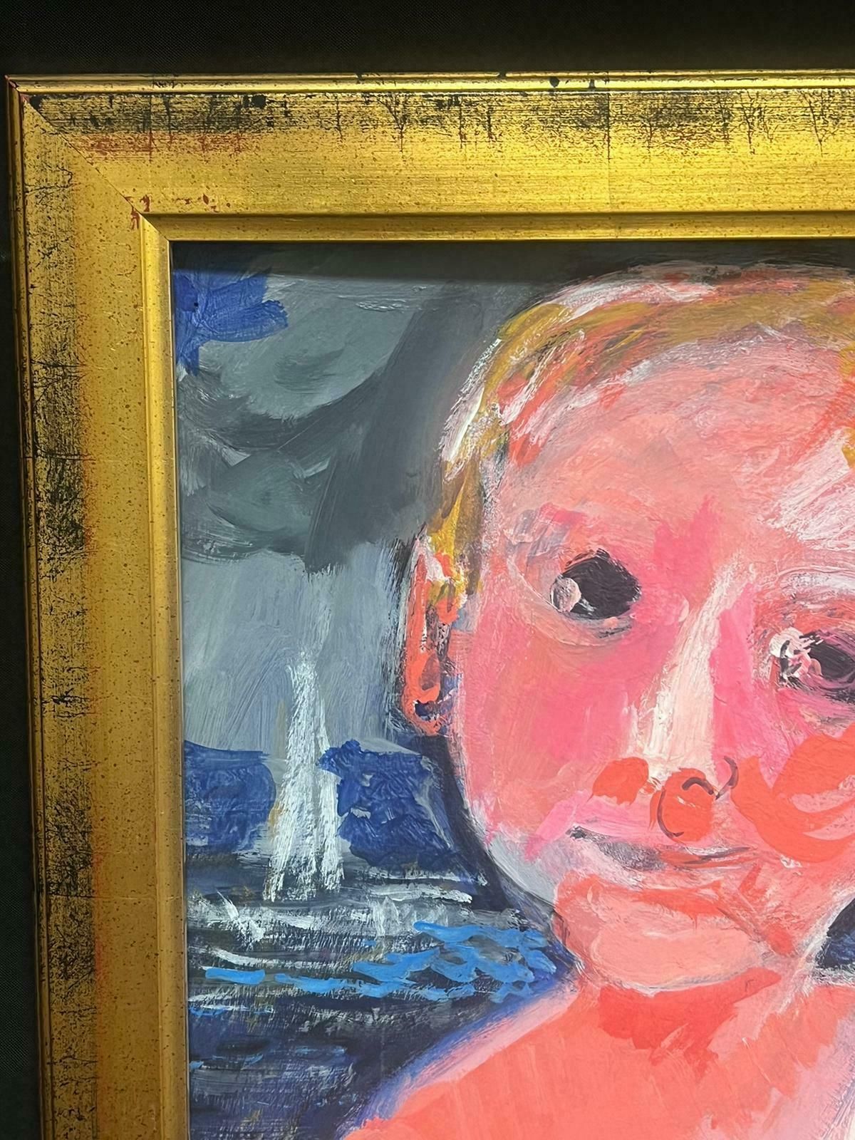 Huguette Ginet Lasnier French Modernist Signed Oil Portrait Of Child On Beach With Sea & Boatc. 2000's photo vinterior